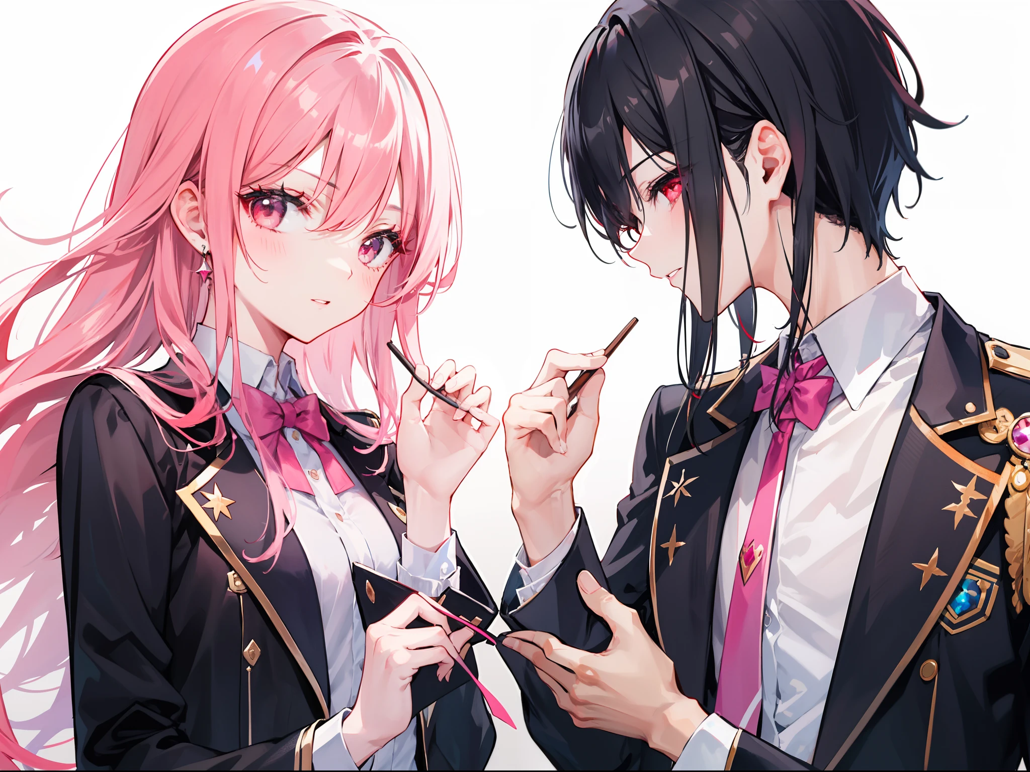Generate two couples, the boy is a black haired with red eyes, and the girl is a pink haired with pink eyes. They were both wearing magic academy uniform.
