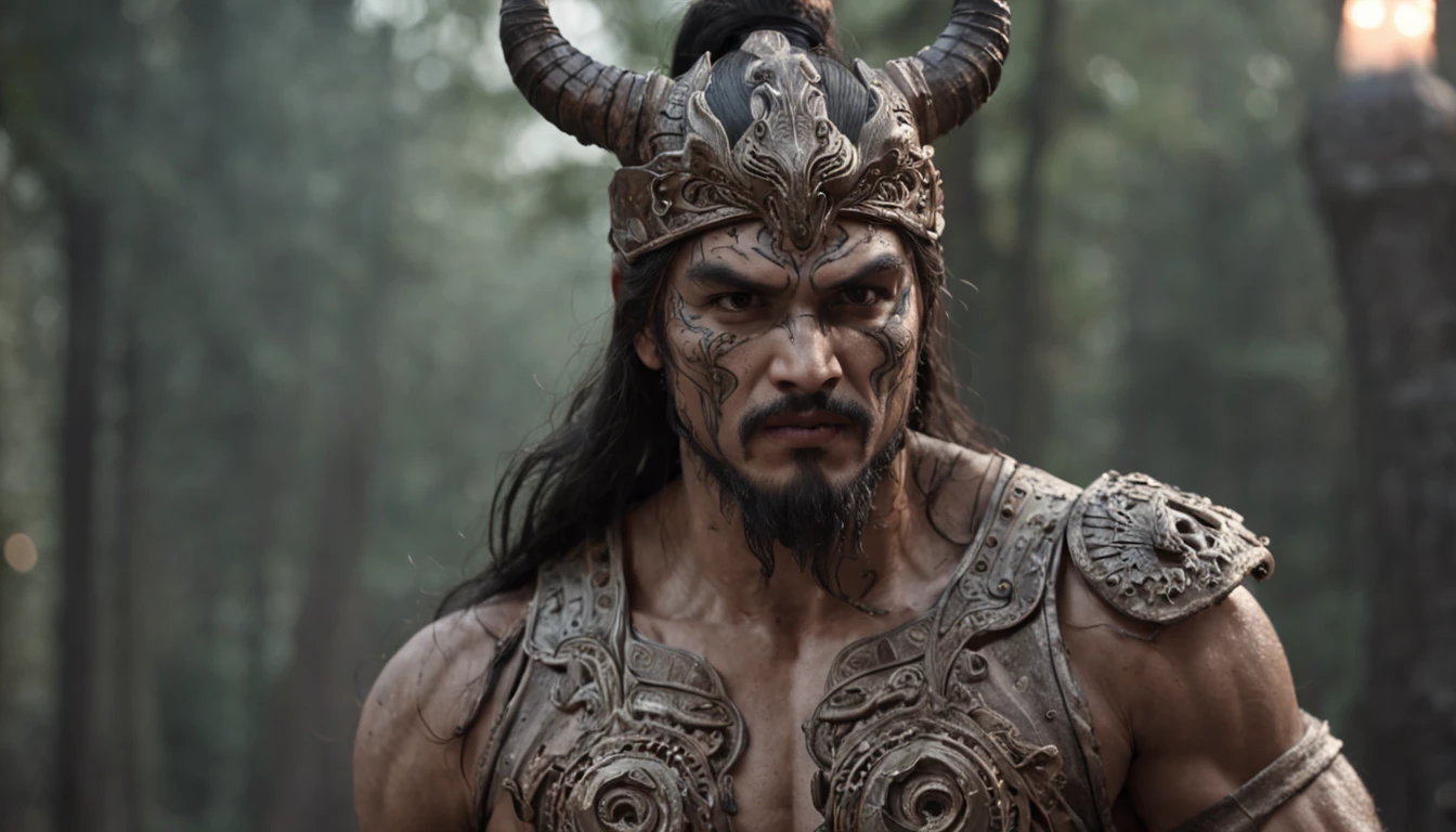 1 Handsome legendary warrior in combat moves, Stand in front of angry mythical creatures., intricate detailed,Night Time, full moon, detailed face, Dark Fantasy Theme,Ancient Palace in the Forest