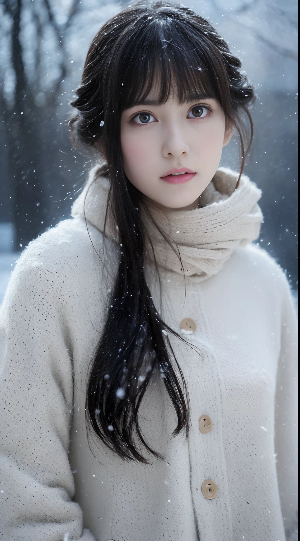 (8k, best quality, masterpiece, ultra highres:1.2) Photo of Pretty Japanese woman
in the (style of paul rubens and rebecca guay:1.1) (melancholy winter snow:1.4)