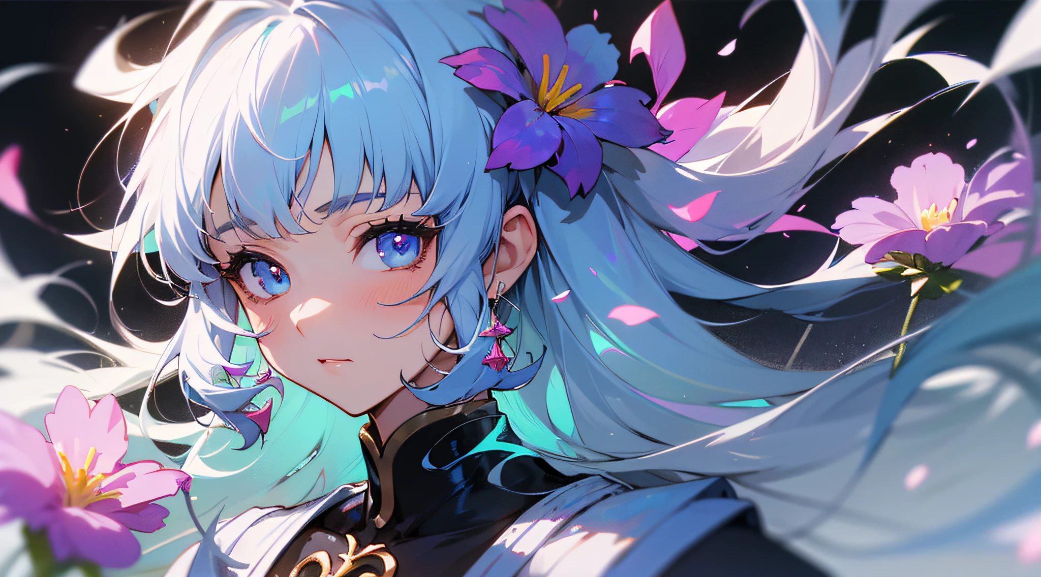 (masterpiece), (best quality), (ultra detailed),(disheveled hair),(illustration), (1girl), (Fashionable clothing), standing, Fashion model, looking at viewer, (interview), (simple background),beautiful detailed eyes, delicate beautiful face, Floating,(high saturation),(colorful splashes),colorful bubble,(shining), focus on face, kamisato ayaka, light blue hair, bangs, hair ring, floating flowers, floating hairs.Girl, anime waifu, looking at viewer, highlydetailed, reflections transparent iridescent colors, long transparent iridescent RGB hair, artby Serafleur from artstation, thick acrylic，illustration on pixiv, waist up portrait, gorgeoussacred girl, best quality, ultra detailed,sad,clever,beautiful face , beautiful lighton black background, Character stvle renderedby Octane,