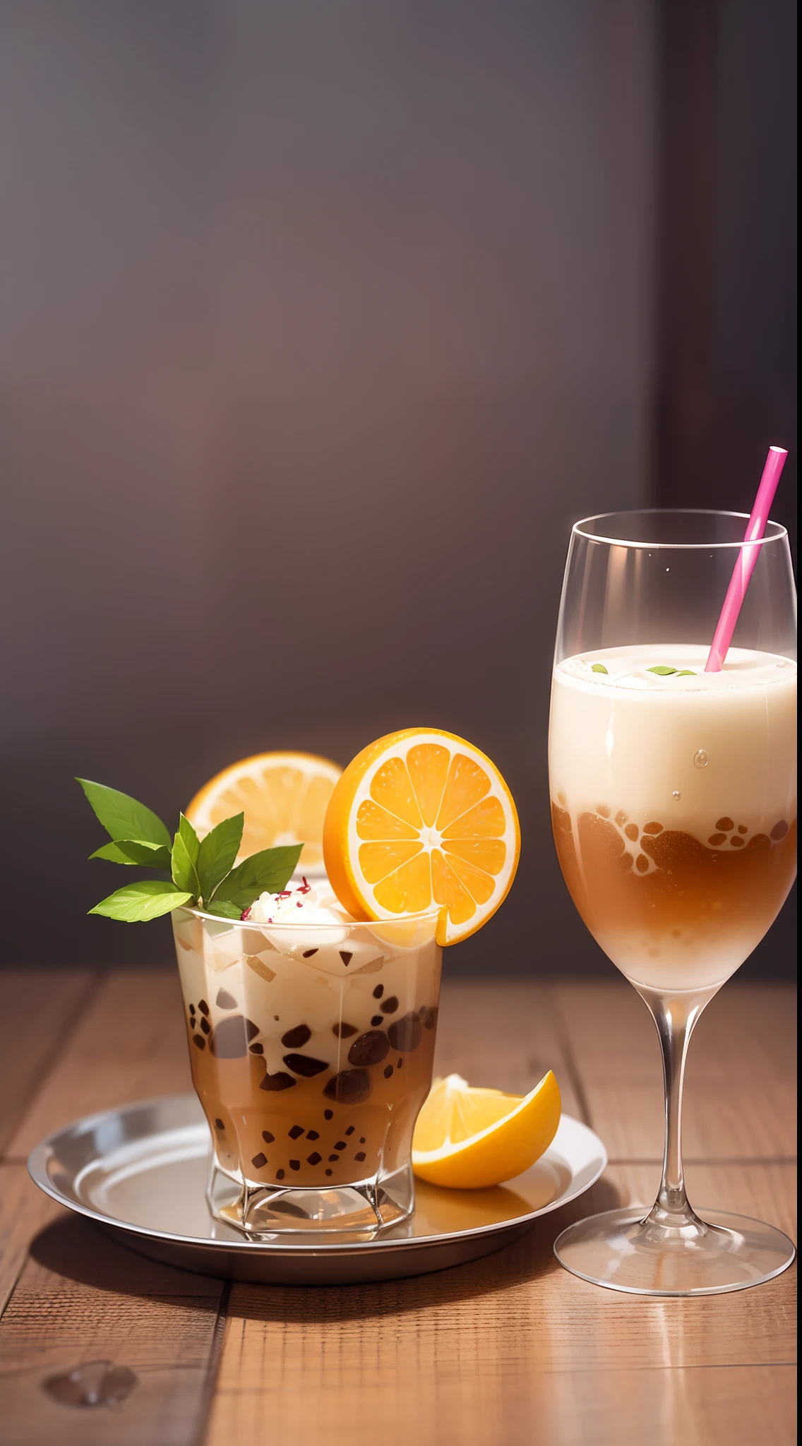bendy_straw,bubble_tea,cake,champagne_flute,cocktail,crazy_straw,cup,dessert,disposable_cup,drink,drinking,drinking_glass,drinking_straw,food,food_focus,fruit,glass,grey_background,ice_cream,ice_cube,juice,lemon_slice,mosaic_censoring,orange_(fruit),orange_slice,plate,still_life,tray,wine_glass