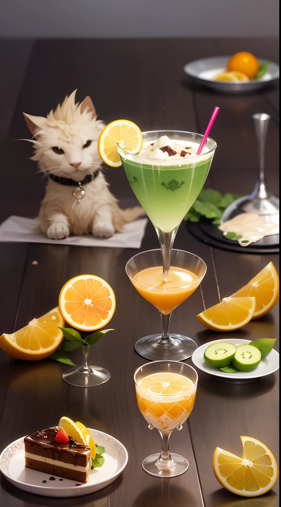 bendy_straw,bubble_tea,cake,champagne_flute,cocktail,crazy_straw,cup,dessert,disposable_cup,drink,drinking,drinking_glass,drinking_straw,food,food_focus,fruit,glass,grey_background,ice_cream,ice_cube,juice,lemon_slice,mosaic_censoring,orange_(fruit),orange_slice,plate,still_life,tray,wine_glass