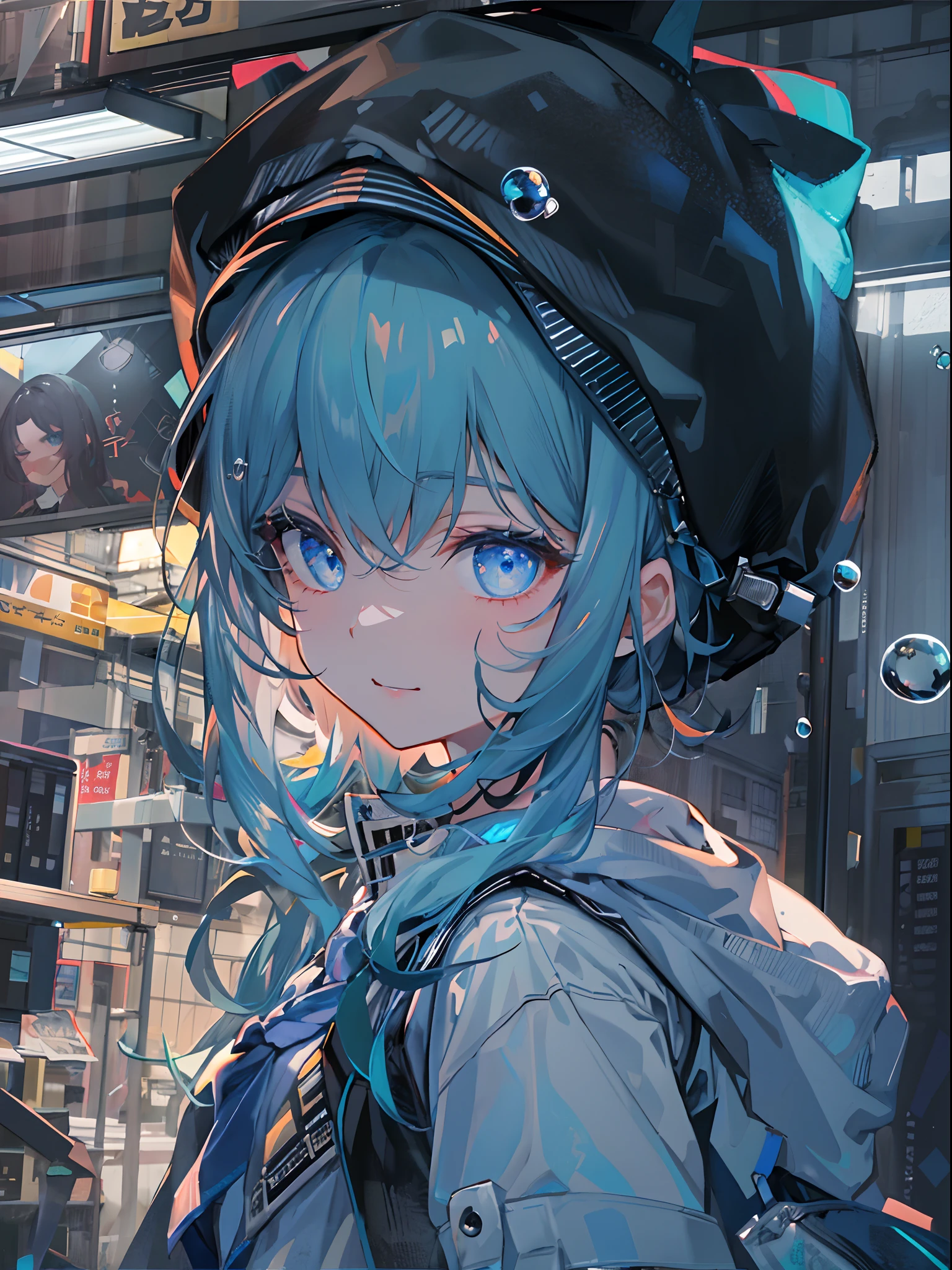 ((top-quality)), ((masterpiece)), ((ultra-detailliert)), (extremely delicate and beautiful), girl with, 独奏, cold attitude,((Black jacket)),She is very(relax)with the(Settled down)Looks,A dark-haired, depth of fields,evil smile,Bubble, under the water, Air bubble,bright light blue eyes,Inner color with black hair and light blue tips,Cold background,Bob Hair - Linear Art, shortpants、knee high socks、White uniform like school uniform、Light blue ribbon ties、Clothes are sheer、Hands in pockets