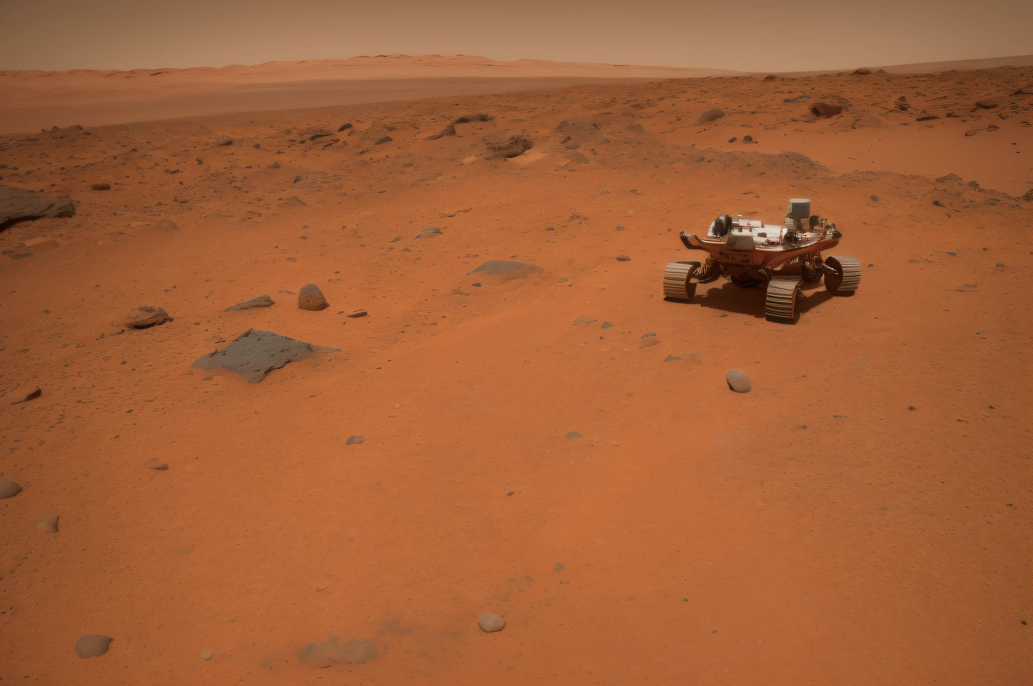 Allahed view of a rover on a barren surface with rocks, Mars rover in the background, On the orange surface of Mars, On the surface of Mars, Mars vacation photos, Overlooking the Martian landscape, Stand on the Martian landscape, Sitting on a Martian rock, Landscape of Mars, on a remote desert planet, Landscape of Mars, Abandoned on Mars,