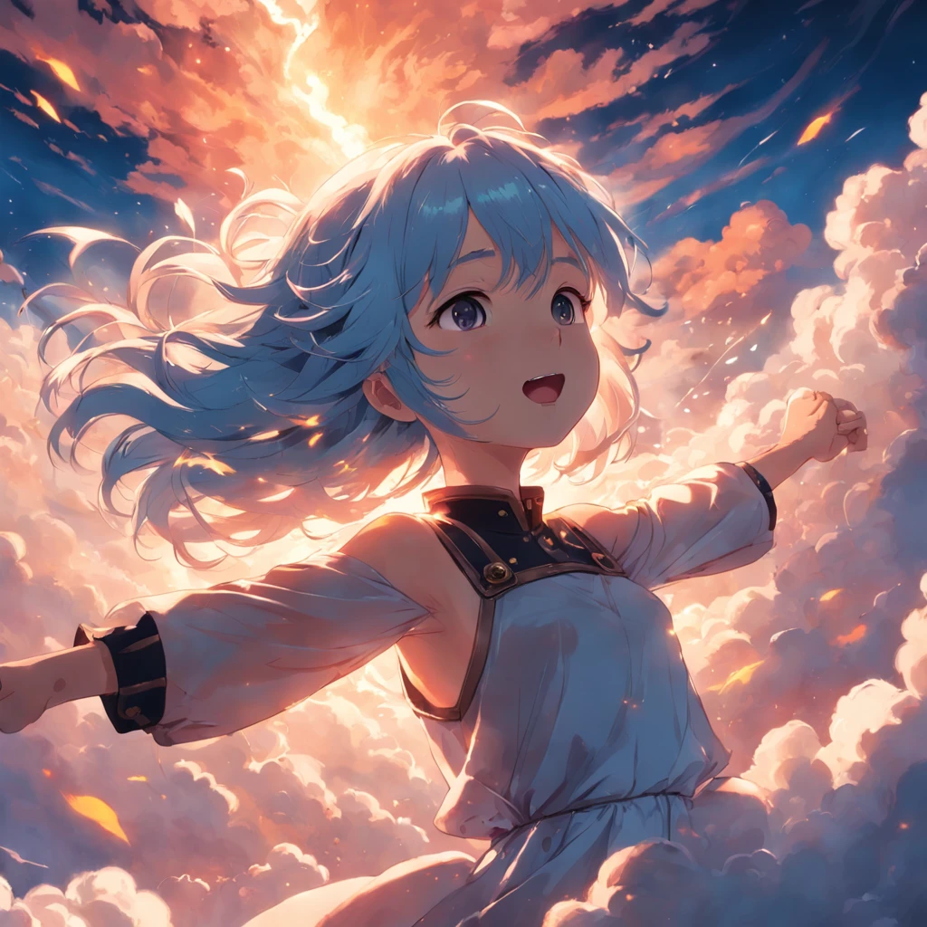 masterpiece, best quality, movie still, 1girl, cloud girl, floating in the sky, close-up, bright, happy, warm soft lighting, sunset, (sparks:0.7)