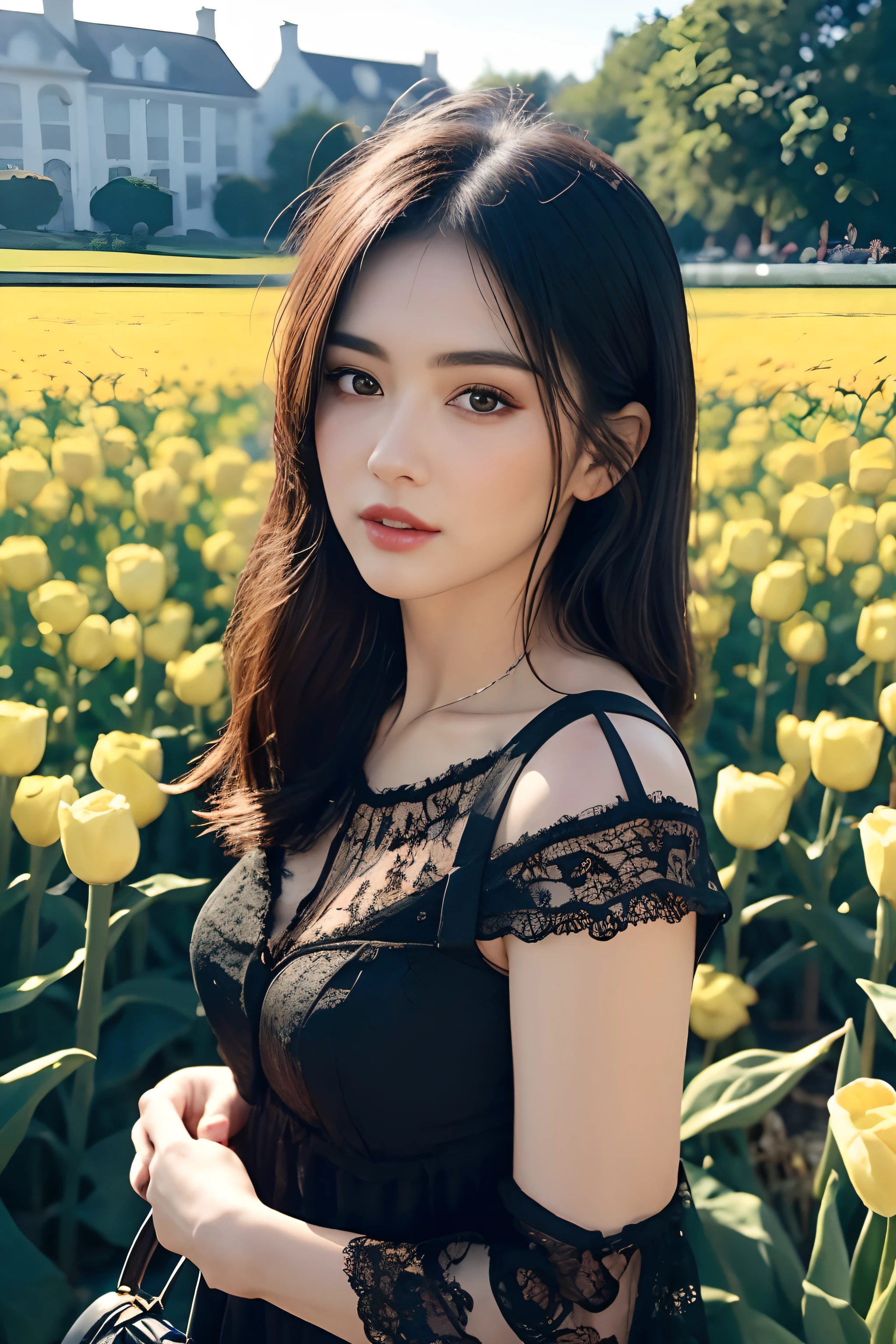 (8k, best quality, masterpiece:1.2),(realistic, photo-realistic:1.37),ultra-detailed,beautiful devil,upper body,face the front,looking at viewer,wearing black lace dress, blace versace bag on her shoulder. in tulip field.