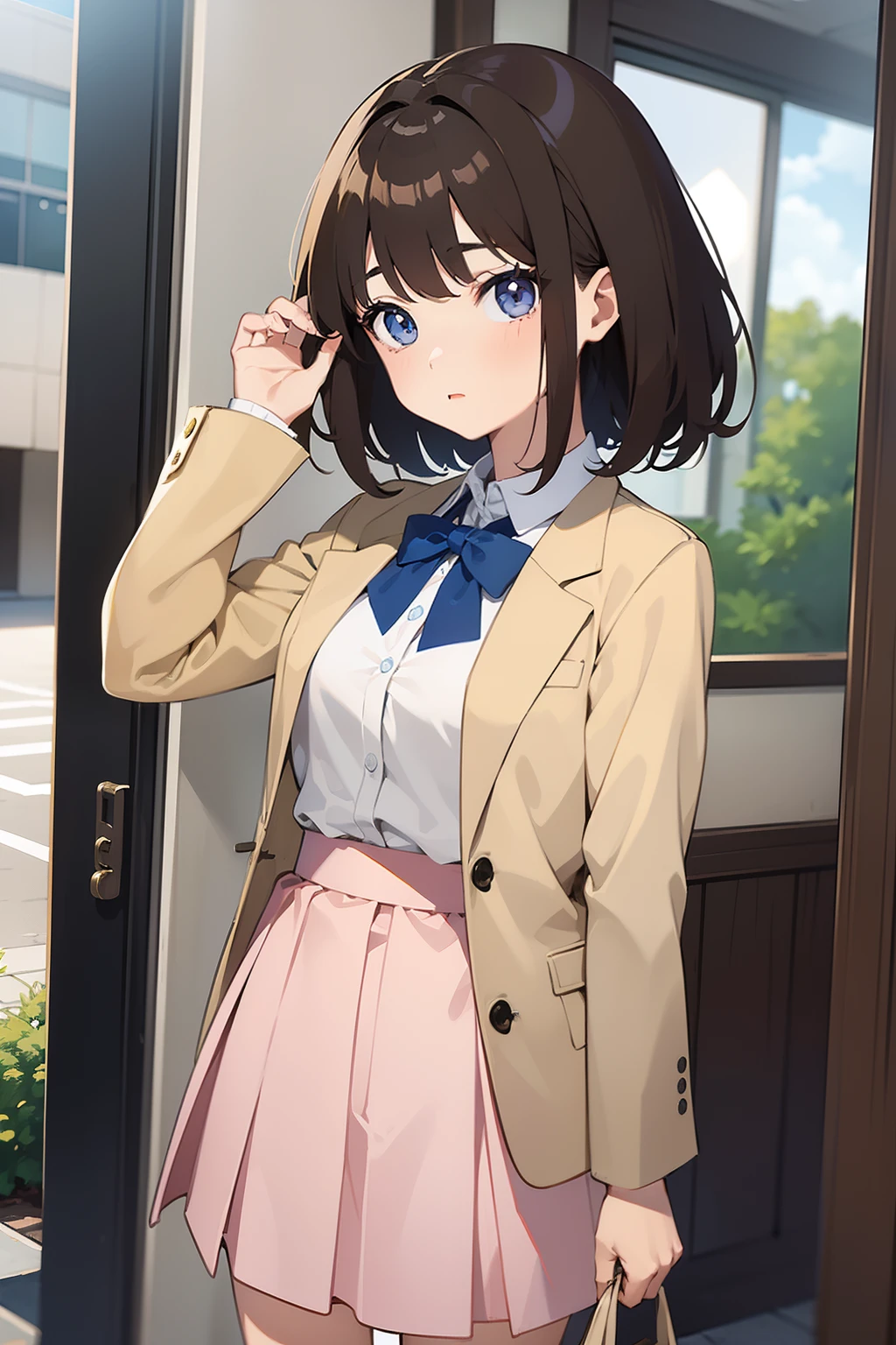 masterpiece、ultra-quality、ultra-detailliert、an anime girl, Brown hair ,short-cut、age19、beige jacket、Pink blouse、a blue skirt、anime moe art style, charming anime girls, (Anime Girl), Cute anime girl, Ecchi anime style, Seductive Anime Girl