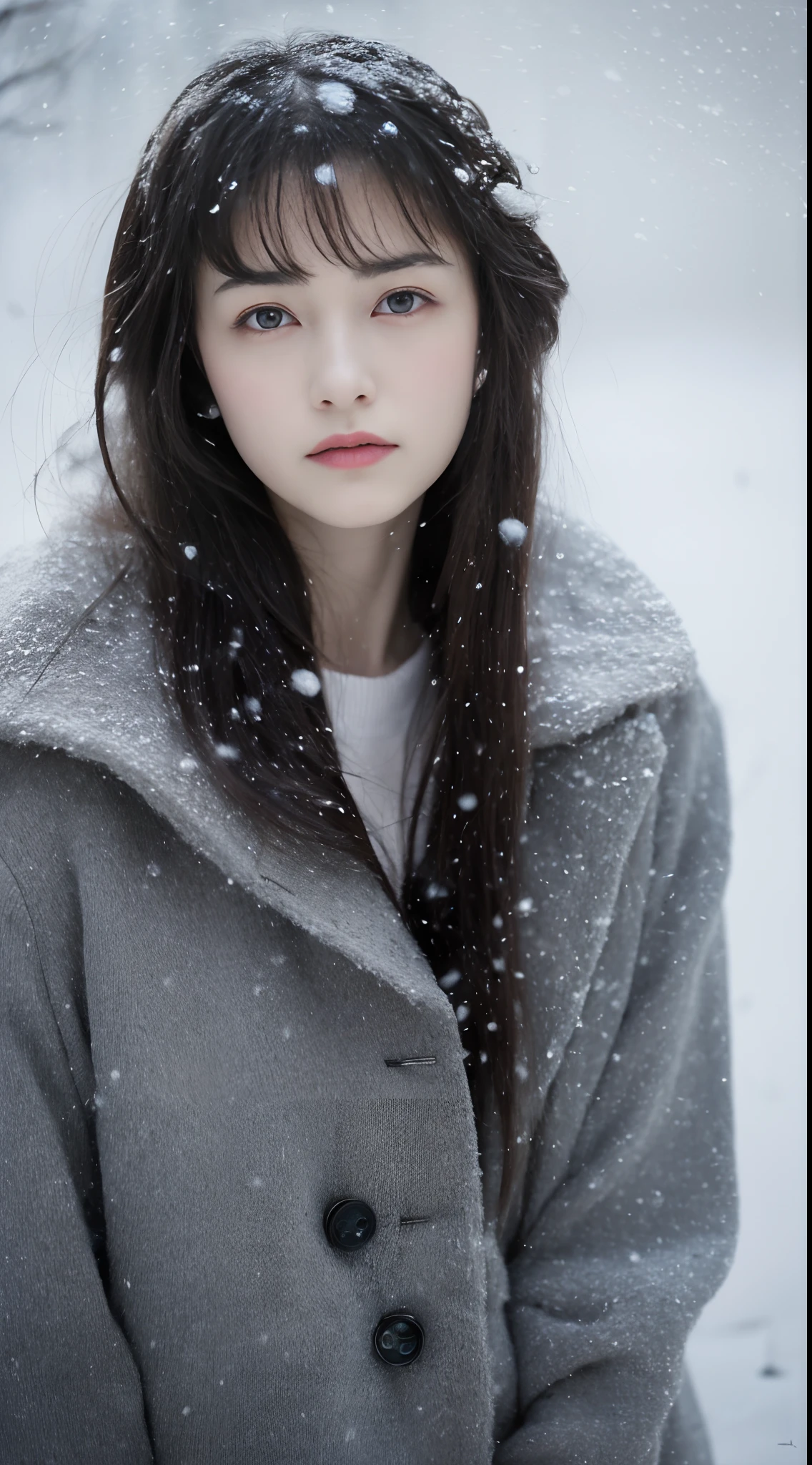 (8k, best quality, masterpiece, ultra highres:1.2) Photo of Pretty Japanese woman
 in the (style of paul rubens and rebecca guay:1.1) (melancholy winter snow:1.4)