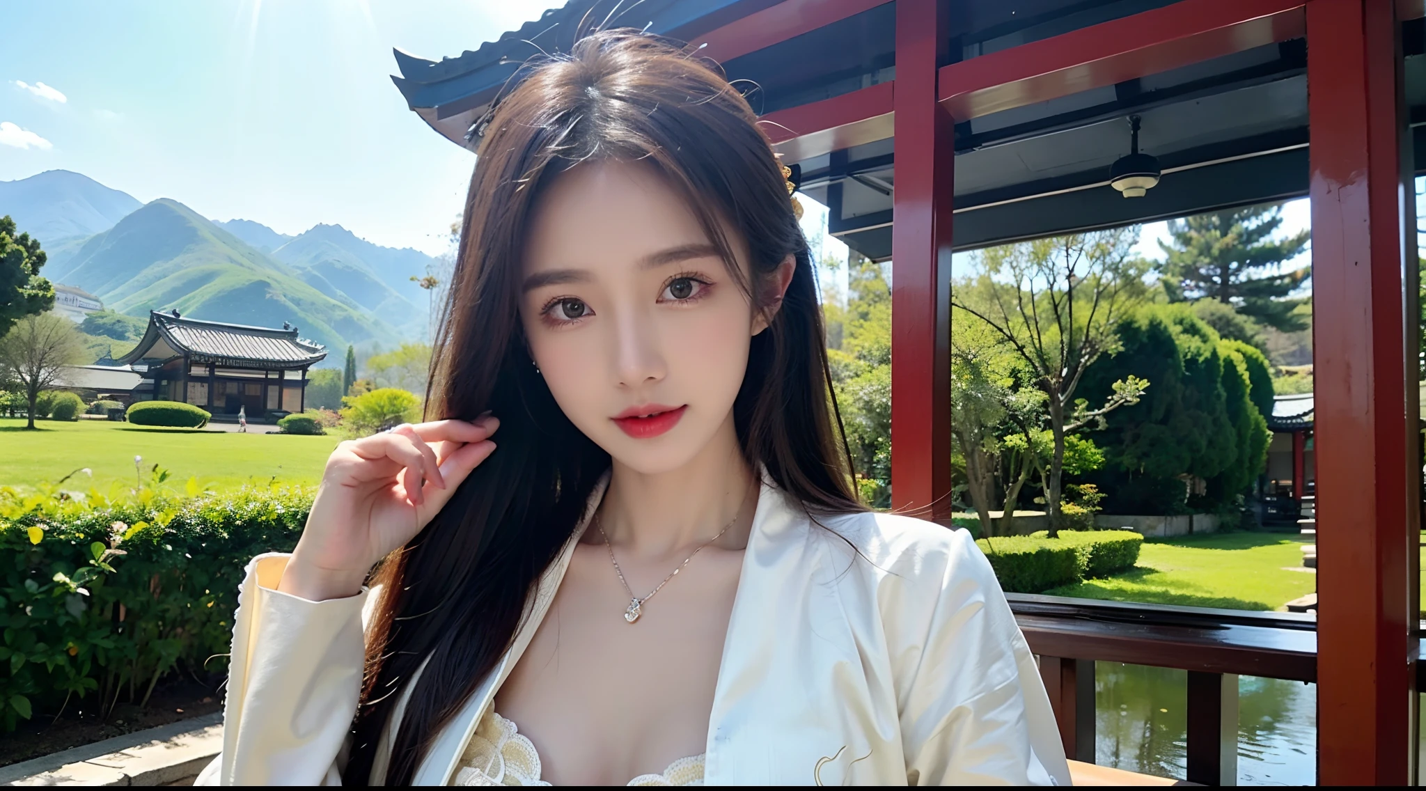 (A half body,Close-up,closeup cleavage:1.2),Arakfi Asian woman sitting in chair,Wearing a green and gold dress, (outside,NOWAI,rays of sunshine,Skysky,hot onsen,florals,grassy,nevando) , A girl in Hanfu, Hanfu, Cheongsam, with acient chinese clothes, Traditional beauty, Traditional Chinese clothing, Wearing ancient Chinese clothes, Chinese style, Chinese dress, Chinese costume, Chinese traditional, Chinese girl, wearing ornate silk clothes,Pink lip gloss,(Solo:1.4)