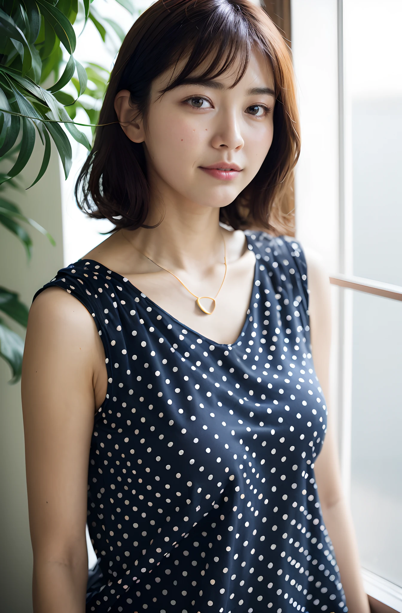 8K、top-quality、masterpiece、超A high resolution、photo-like、SLR、beautiful japanese female、Elegance、There is a good、Gentle face、Beauty of the wind、Moist beauty、short-cut、Keep your bangs neat and tidy、Looking down,From below,、The eyes are far away、Transparent atmosphere、Beautiful face、Raised corners of the mouth、drooing eyes、Tanuki face、wrist watch、a necklace、A bracelet、Gradient lighting、Drop long bangs to the side、Girls and men、Delicate skin、Look into the distance、Brown-eyed、up chest、the shape of the chest is clear,,,,,,,,,,,,,,,,,,,,、very very gigantic boobs、breasts are large、Raw photography、(pureerosface_v1:0.5)、Polka Dot Puff Sleeve Button Front Blouse、Front button、Vbottleneck、polka dot、white clothes、Sleeveless、no sleeves、Sleeveless blouse、sleeve less、tight fitted、white clothes、、Sexy clothes、Sheer feeling、Take your eyes off、subject、Lean、Look here、Ass big、big butts、bbw、morning sunlight、Station platform、The morning sun is dazzling、
