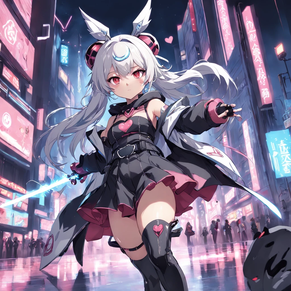 masutepiece、top-quality、Anime Magical Girl、cyberpunked、Cute heart-shaped magic wand、cloak with hood、headset on head、Cyberpunk even though it's an idol's clothes、Long boots in white、Pouch at waist、Simple backgrounds、CharacterDesignSheet