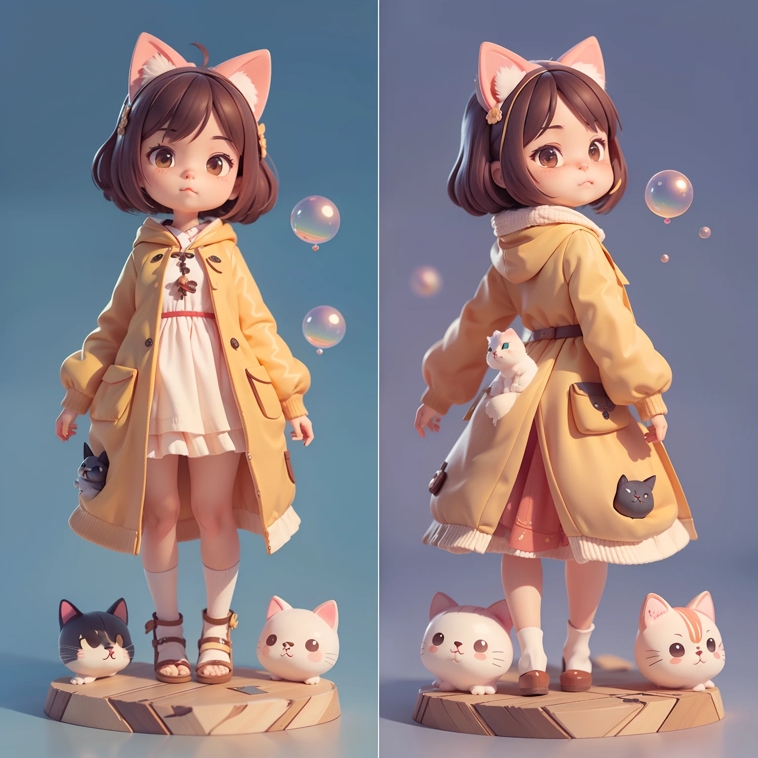 (((Multiple views of the same person))) ,three-view drawing enerate three views, namely the frontview,side and back view, Cat toys,Cute cat characters,Character design,人物,cute toy,Cat coat,Wear a coat,Bubble Mart,Pure background,magic clothes,Mage shoes,IP image,highly detailed character,Cute 3d render