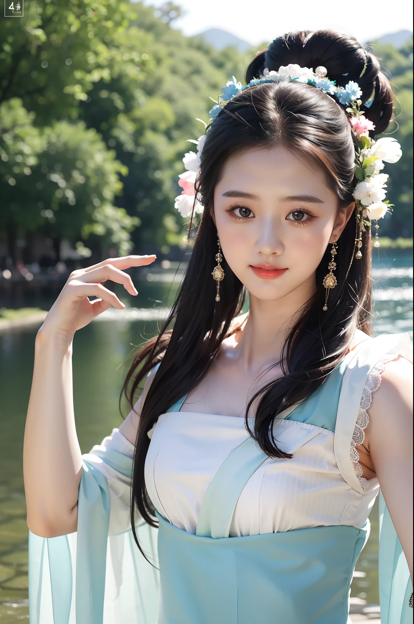 1girll，Exquisite，light  smile，Dancing by the lake，Goose yellow|Cyan hanfu，Tulle Hanfu beauty，Textured clothes Glossy glossy skin，Ray traching，
best qualtiy，tmasterpiece，（Photorealsitic：1.4）