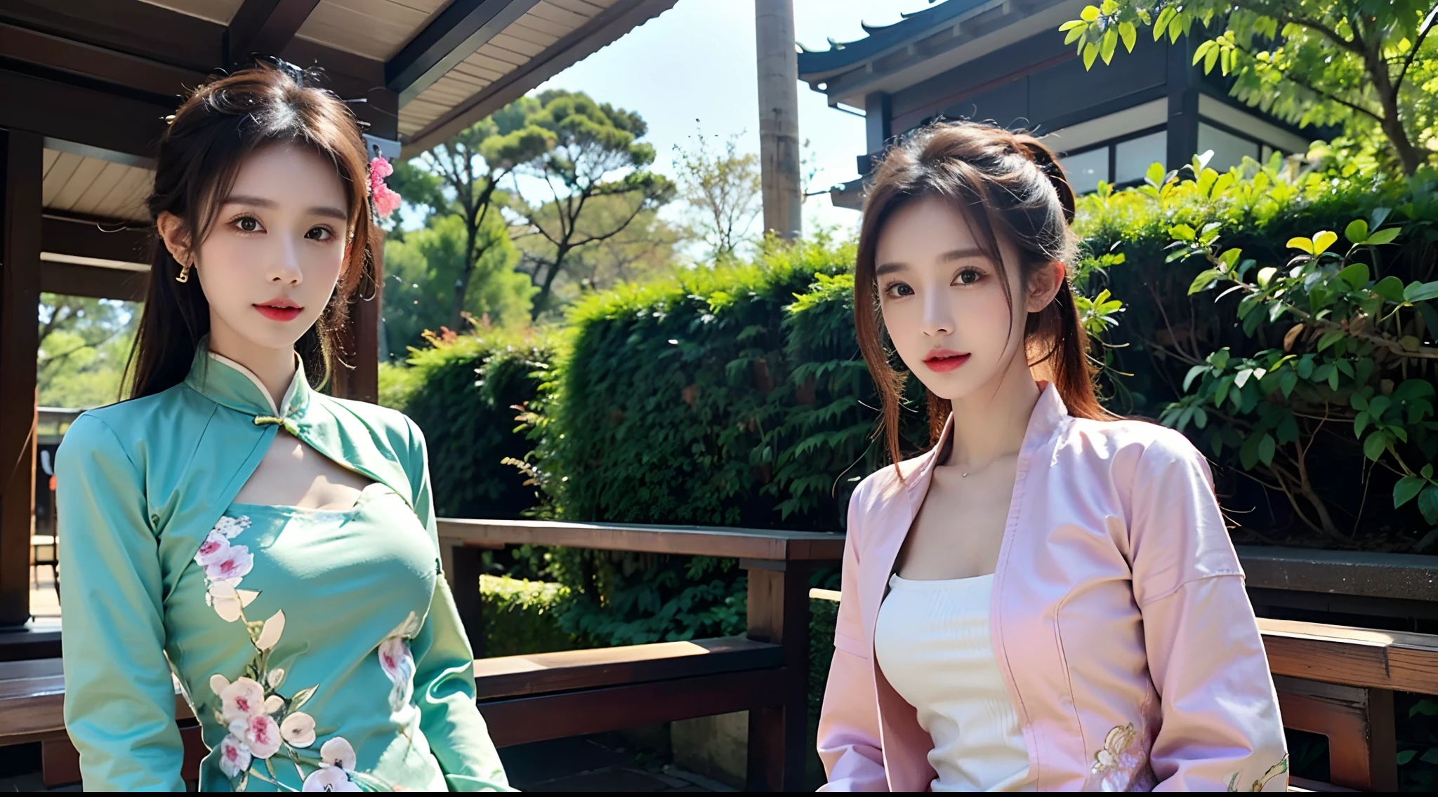 (A half body,Close-up,closeup cleavage:1.2),Arakfi Asian woman sitting in chair,Wearing a green and gold dress, (outside,NOWAI,rays of sunshine,Skysky,hot onsen,florals,grassy,nevando) , A girl in Hanfu, Hanfu, Cheongsam, with acient chinese clothes, Traditional beauty, Traditional Chinese clothing, Wearing ancient Chinese clothes, Chinese style, Chinese dress, Chinese costume, Chinese traditional, Chinese girl, wearing ornate silk clothes,Pink lip gloss,(Solo:1.4)