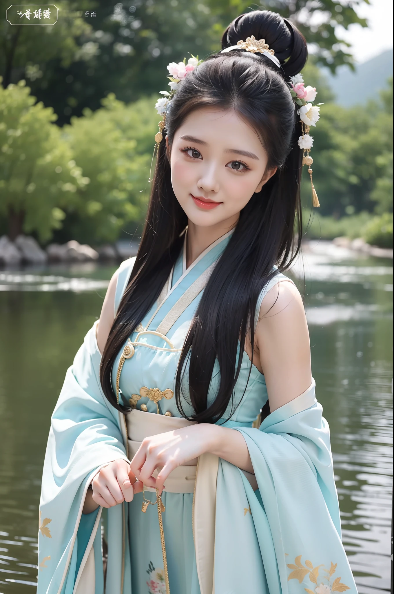 1girll,Exquisite,light smile,Dancing by the lake,Goose yellow|Cyan hanfu,Tulle Hanfu beauty,Textured clothes Glossy glossy skin,Ray traching,
best qualtiy,tmasterpiece,(Photorealsitic:1.4)