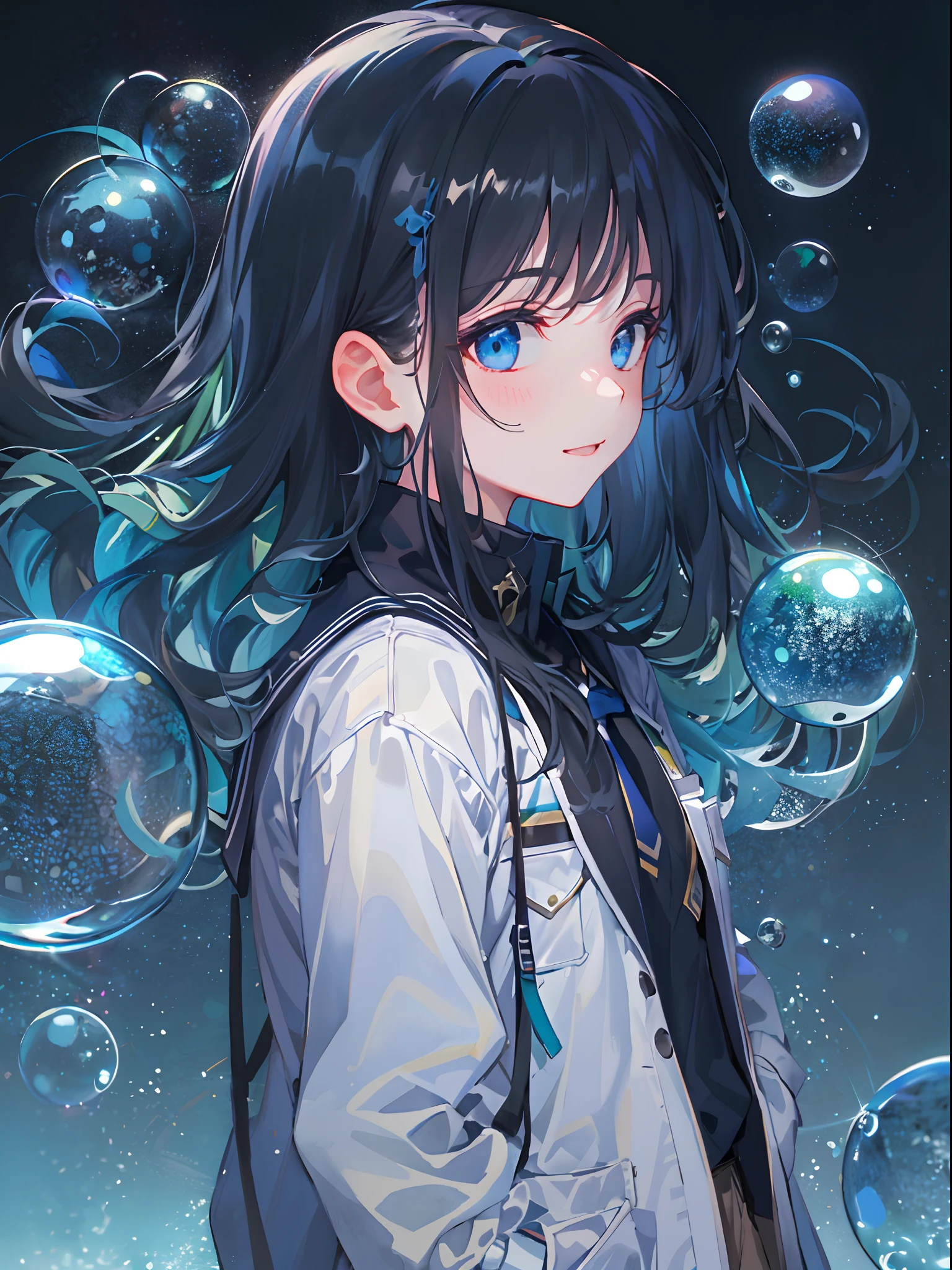 ((top-quality)), ((masterpiece)), ((ultra-detailliert)), (extremely delicate and beautiful), girl with, 独奏, cold attitude,((Black jacket)),She is very(relax)with the(Settled down)Looks,A dark-haired, depth of fields,evil smile,Bubble, under the water, Air bubble,bright light blue eyes,Inner color with black hair and light blue tips,Cold background,Bob Hair - Linear Art, shortpants、knee high socks、White uniform like school uniform、Light blue ribbon ties、Clothes are sheer、Hands in pockets