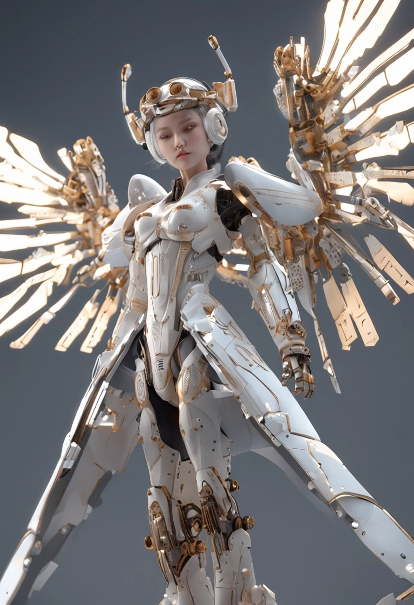 Create a bot、The gesture of the arrival of angels、Suspended in mid-air、facing at camera、complete body,in a panoramic view、12 to 16 years old, With a charming smile, Trigger emotions in people, When you see him, top-quality、tmasterpiece、超A high resolution、(Photorealsitic:1.4)、RAW photo、Steampunk robot angel、Large wing made of metal、White porcelain body、whaite hair、glowy skin、cyborg girl、((Super realistic details))、porate、The circular halo of time and gears constantly rotate behind it、globalillumination、black shadows、octan render、8K、ultrasharp、Character edge light,Colossal tits、Raw skin is exposed in cleavage、Details of complex ornaments、Acrylic transparent cover、Sumerian details、Hydraulic cylinder、small led lights、highly intricate detail、Realistic light、a purple eye、Radiant eyes、Facing the camera、neon light detail、cow boy shot、Futuristic headgear、Floor plan about the《cyber punk perssonage》、Extra meticulous、future-tech、Faraway view、Full body photo、