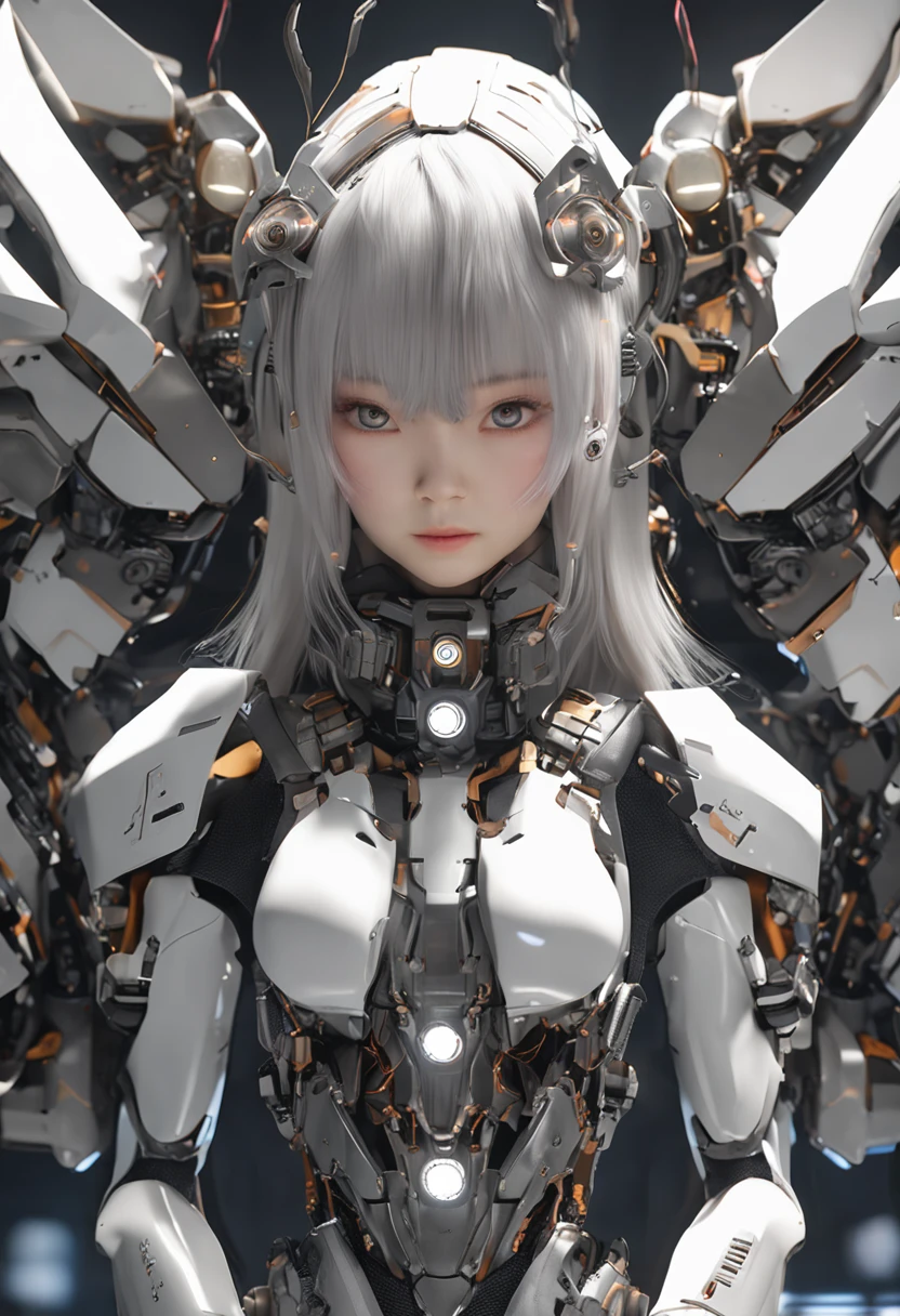 Create a bot、The gesture of the arrival of angels、Suspended in mid-air、facing at camera、complete body,in a panoramic view、12 to 16 years old, With a charming smile, Trigger emotions in people, When you see him, top-quality、tmasterpiece、超A high resolution、(Photorealsitic:1.4)、RAW photo、Steampunk robot angel、Large wing made of metal、White porcelain body、whaite hair、glowy skin、cyborg girl、((Super realistic details))、porate、The circular halo of time and gears constantly rotate behind it、globalillumination、black shadows、octan render、8K、ultrasharp、Character edge light,Colossal tits、Raw skin is exposed in cleavage、Details of complex ornaments、Acrylic transparent cover、Sumerian details、Hydraulic cylinder、small led lights、highly intricate detail、Realistic light、a purple eye、Radiant eyes、Facing the camera、neon light detail、cow boy shot、Futuristic headgear、Floor plan about the《cyber punk perssonage》、Extra meticulous、future-tech、Faraway view、Full body photo、