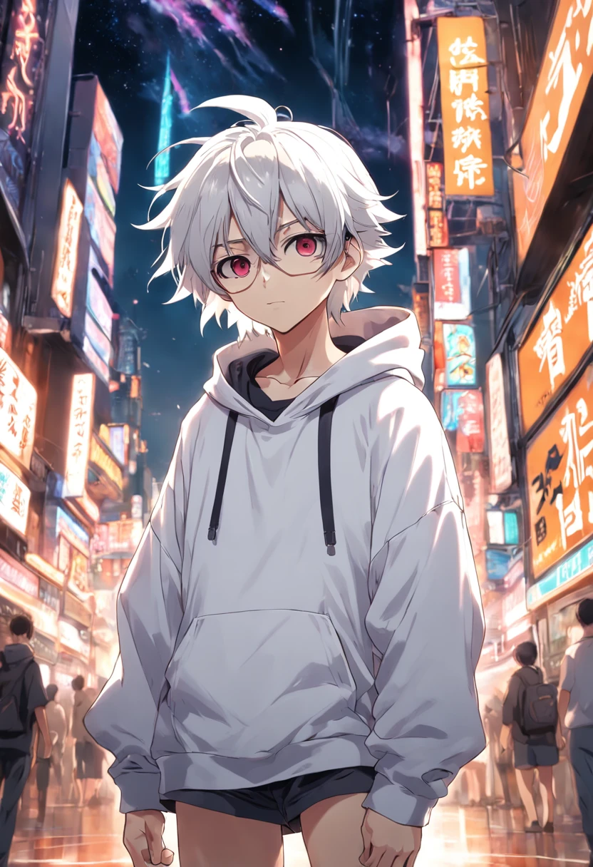 Gray-haired Japanese anime youth,Wearing VR glasses,, White hoodie, White shorts, No tattoos, Not bearded 16 years old