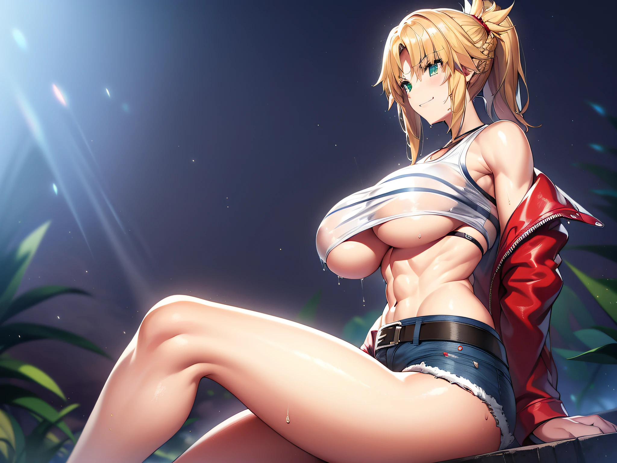 masutepiece++, Best Quality++, ultra-defined++, ultra-defined++,4K++,in 8K++, (Background Focus)++, Highly detailed, ((M-shaped legs))++, ((1 milf)), ((((Hi-Res))))++++, (((Denim shorts)))+++, ((((underboob))))++++, ((Red jacket))+ +, ((a belt)) ++, ((choker necklace)), (Slouched) +, (a blond), (Super shiny hair and skin), (Sunlight), ((Beautiful) ), (Huge breasts_Body: 1.5), (Huge breasts: 1.5), Muscular girl with clearly visible abs and muscles, Sweaty body, cleavage, Dynamism, (Cleansing and shaving abs, Muscle muscle thighs) +, A lively smile, Perfect eyes, Perfect hands, Perfect nose, Magic Battle Dark, Bright atmosphere, (wet effect) +, (light effect), (Cinematic light) + , (Like a movie of lights) +