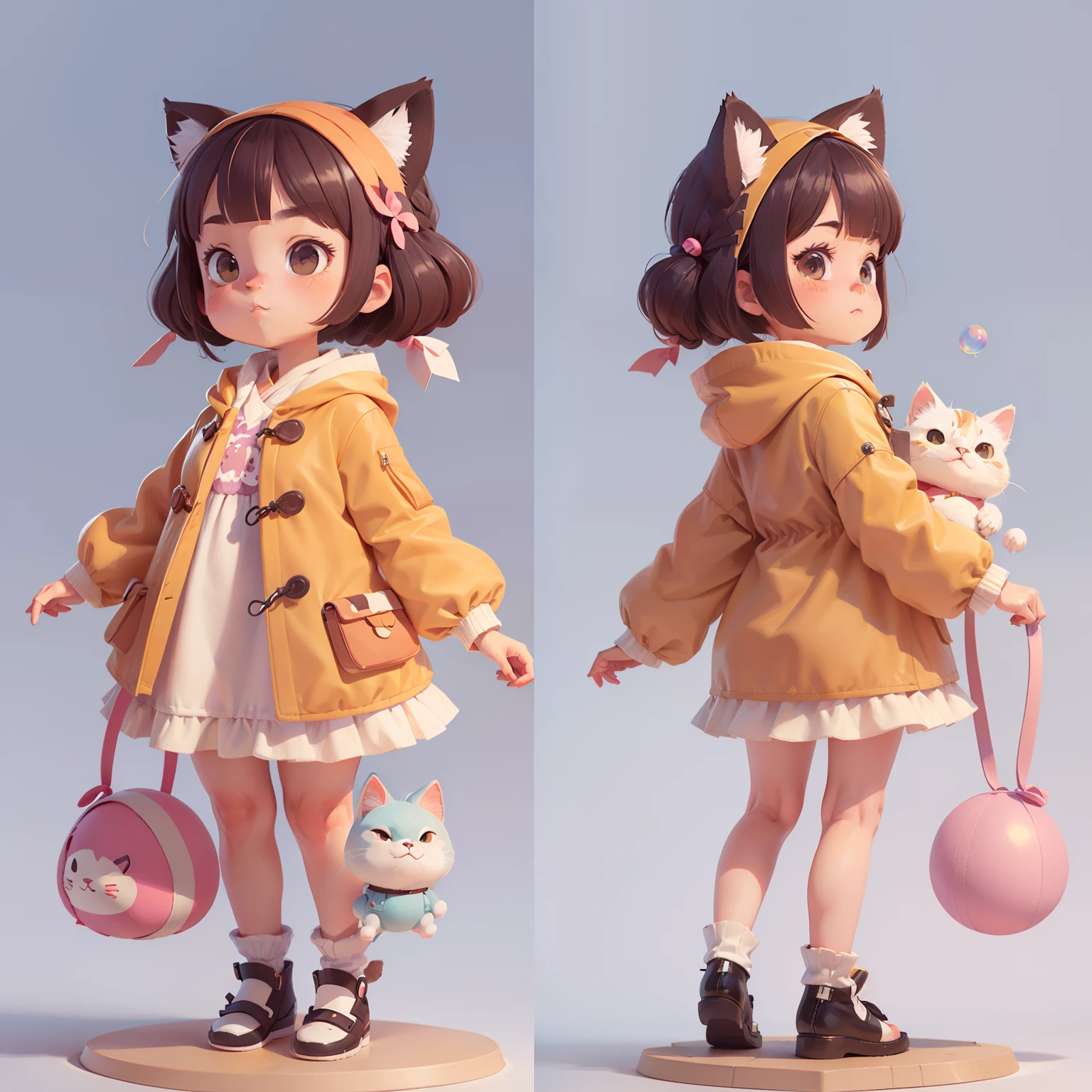 (((Multiple views of the same person))) ,three-view drawing enerate three views, namely the frontview,side and back view, Cat toys,Cute cat characters,Character design,人物,cute toy,Cat coat,Wear a coat,Bubble Mart,Pure background,magic clothes,Mage shoes,IP image,highly detailed character,Cute 3d render