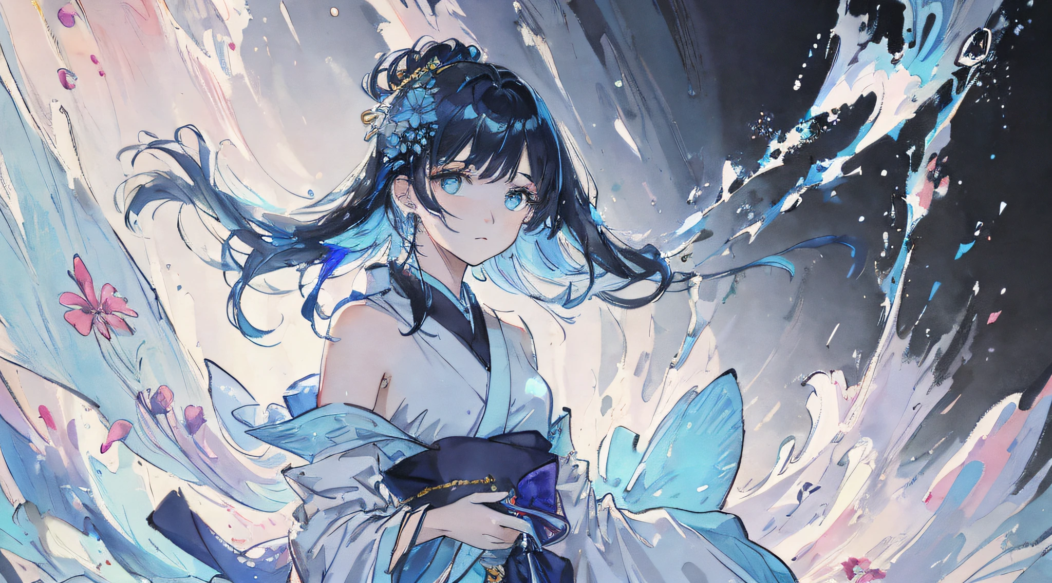 (masterpiece), (best quality), (ultra detailed),(disheveled hair),(illustration), (1girl), (Fashionable clothing), standing, Fashion model, looking at viewer, (interview), (simple background),beautiful detailed eyes, delicate beautiful face, Floating,(high saturation),(colorful splashes),colorful bubble,(shining), focus on face, kamisato ayaka, light blue hair, bangs, hair ring, floating flowers, floating hairs.Girl, anime waifu, looking at viewer, highlydetailed, reflections transparent iridescent colors, long transparent iridescent RGB hair, artby Serafleur from artstation, thick acrylic,illustration on pixiv, waist up portrait, gorgeoussacred girl, best quality, ultra detailed,sad,clever,beautiful face , beautiful lighton black background, Character stvle renderedby Octane,