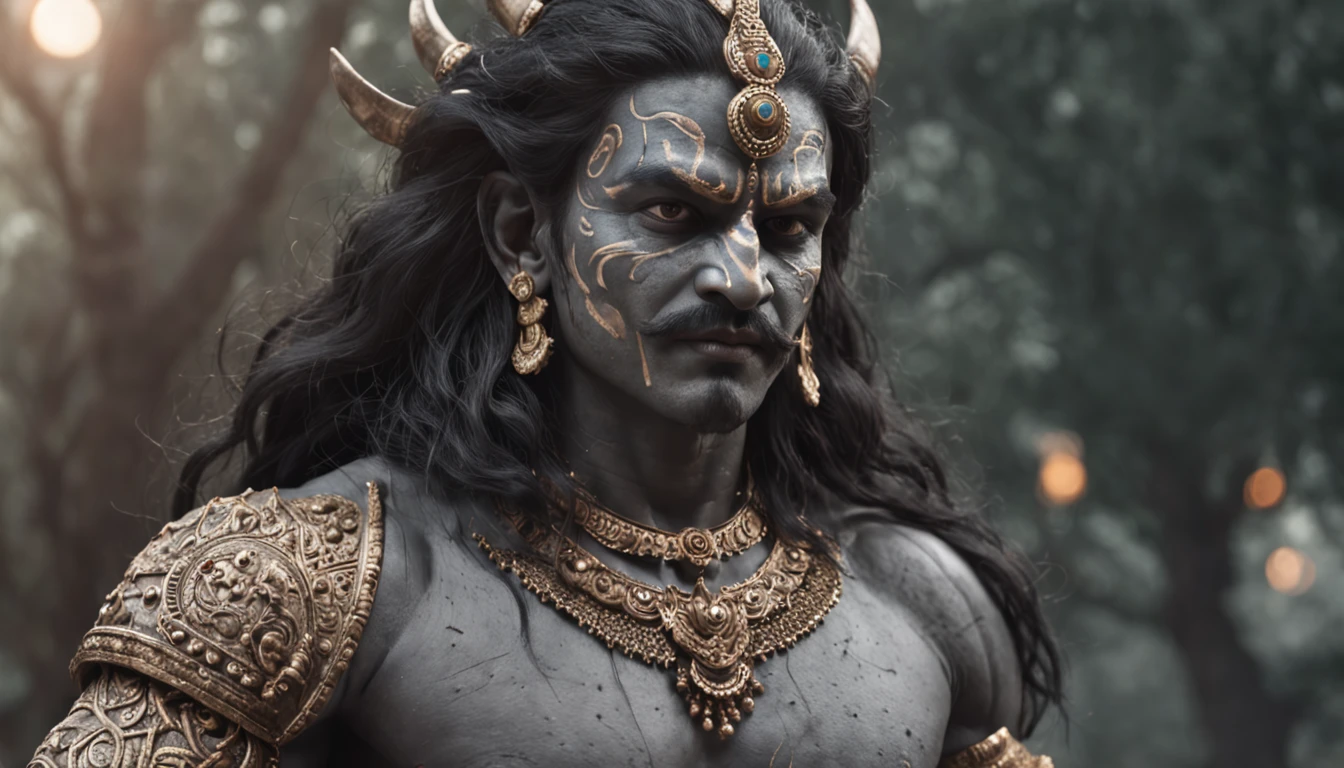 1 Handsome legendary India warrior Stand in front of angry mythical creatures., intricate detailed,((Night Lighting)), ((full moon)), detailed face, Dark Fantasy Theme,back ground is Ancient Palace in the Forest