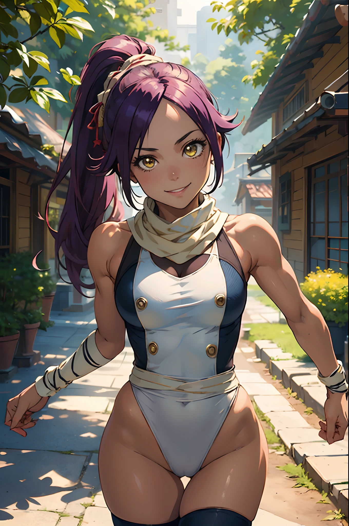 (masterpiece, best quality:1.2), cowboy shot, solo, 1girl, shihouin yoruichi, smile, looking at viewer, ponytail, leotard, thighhighs, white scarf