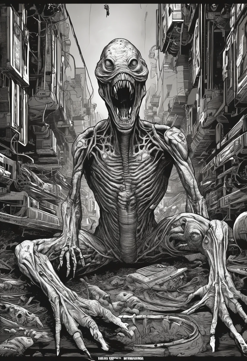 Describe a terrifying and realistic image of the alien from the film "Alien". In a dark and claustrophobic environment, a criatura se ergue em toda a sua monstruosidade.
The alien is a grotesque and frightening figure, with an elongated head and a double jaw filled with sharp teeth. Your skin is dark and translucent, com uma textura viscosa que reflete a luz ambiente. Its extremities are long and slender, terminando em garras afiadas, prontas para causar estragos.
The creature is in an oppressive and sinister environment, like an abandoned spaceship or a ruined space station. Rubble and debris is scattered around you, indicating its destructive presence. Lighting is minimal, with only a few dim, flashing lights highlighting the alien and the shadowy environment.
The alien's expression is merciless, scary and menacing. Drops of a viscous liquid ooze from your open mouth, adding a sense of disgust and disgust.
Esta imagem retrata fielmente a criatura.