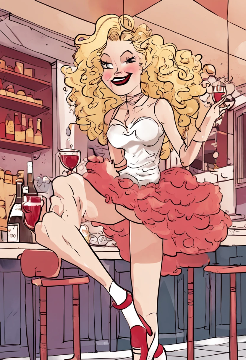 blond girl,Knocking down the cake rack and falling,Wearing a red fluffy dress,The skirt is super fluffy,Hold a wine glass in your hand,The drink flew out of the glass。cartoonish style,super detailing,Curly hair that emits soft light,