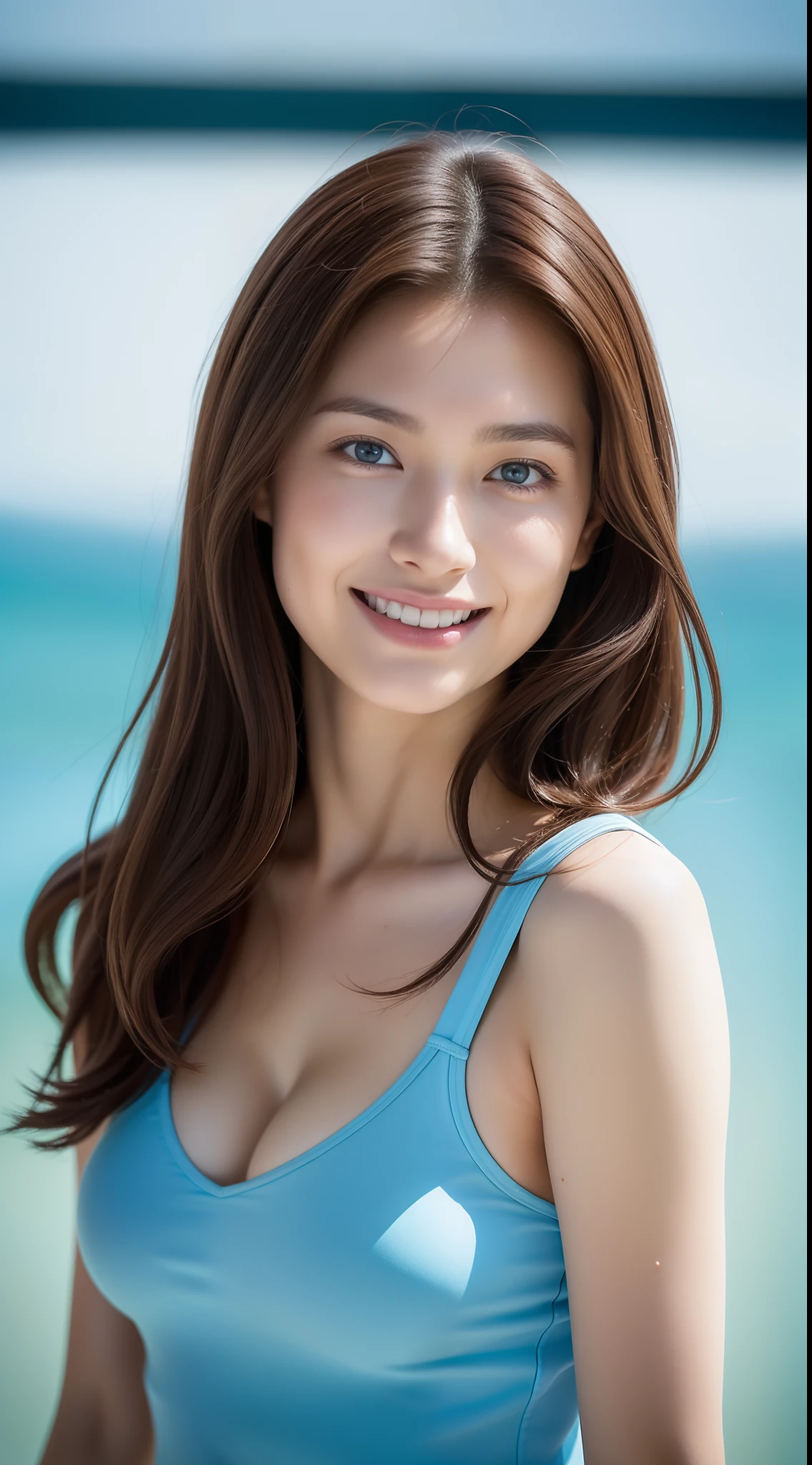 ((top-quality、8K、masterpiece:1.3))、1girl in、Slim Abs Beauty:1.3、(Hairstyles Brown Hair Shortcuts、Colossal tits:1.2)、swim wears:1.1、Super fine face、Delicat eyes、二重まぶた、A smile、the beach、Raw photo