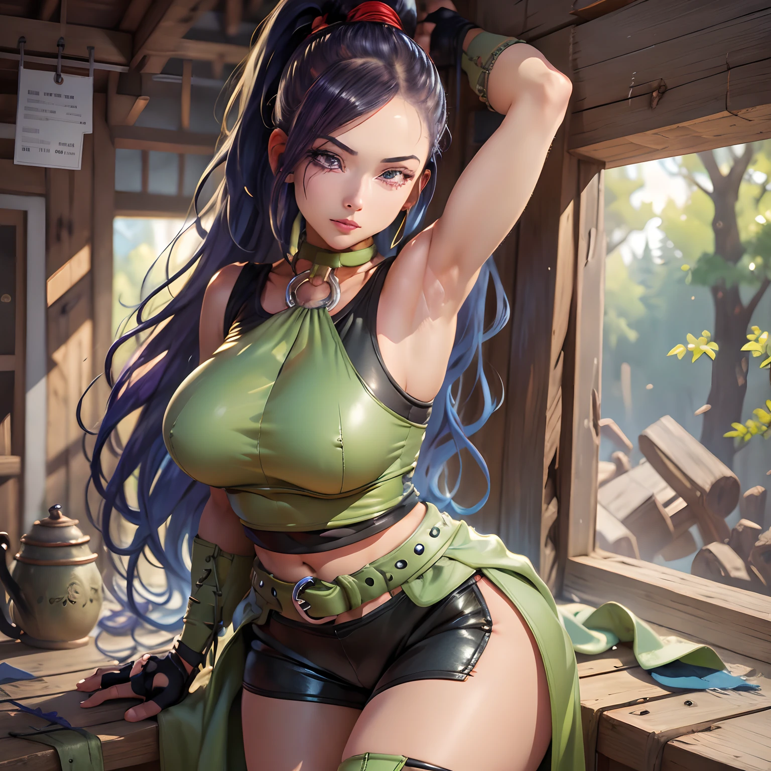 masterpiece, Best Quality, hight resolution, 32k, 1girl in, (hyper detailed Martina:1.1), PURPLE EYES, PURPLE HAIR, VERY LONG HAIR, PONYTAIL, HAIR SCRUNCHIE, GREEN CHOKER, O-RING TOP, TANK TOP, SLEEVELESS, FINGERLESS GLOVES, GREEN GLOVES, WAIST CAPE, BLACK SHORTS, GREEN BELT, BOOTS, (see through huge tits and nipples under clothe:1.25, exposed armpits:1.1), (in abandoned hut:1.3, in a deep forest:1.1),