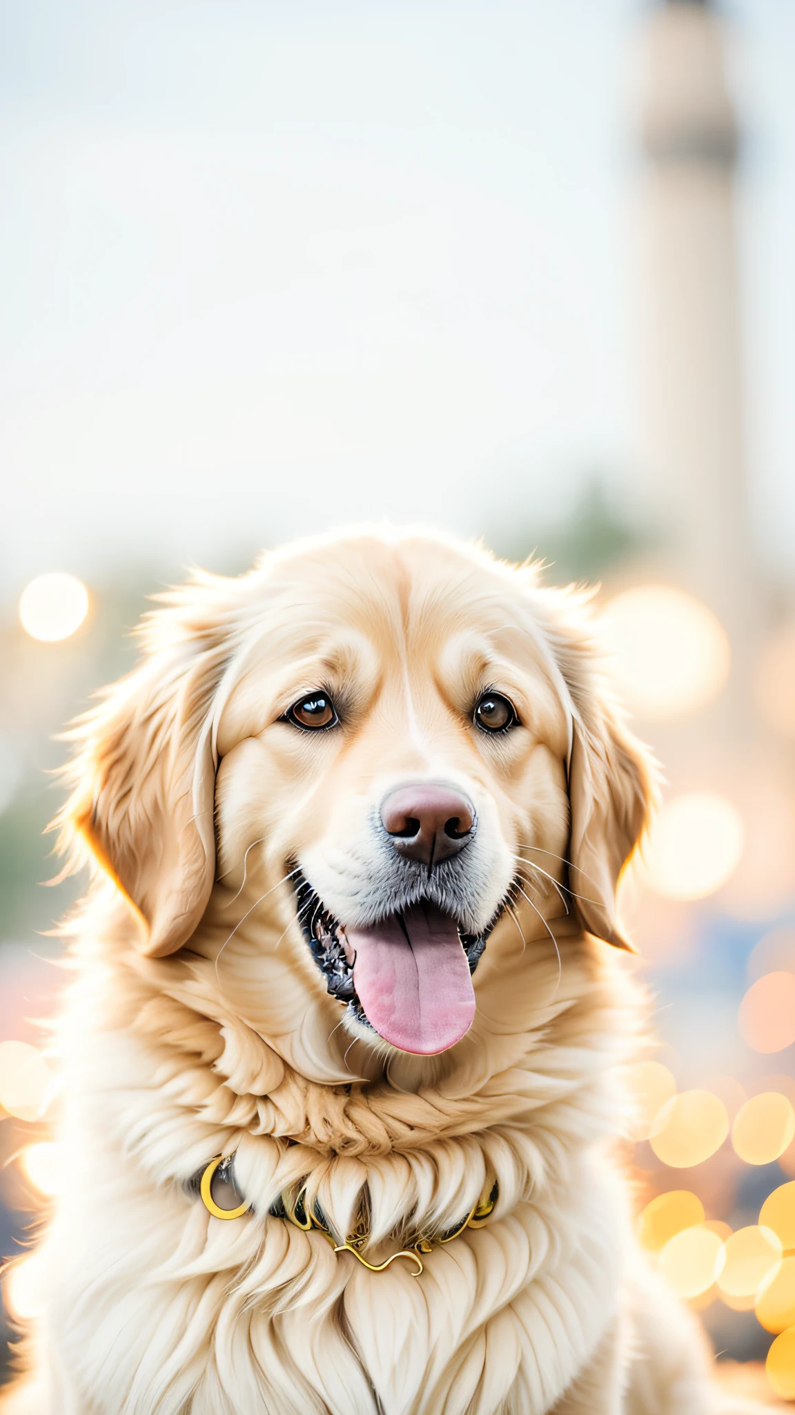There was a dog sitting in front of the lamp, Golden Retriever, soft golden light, happy dog, close up portrait shot, shining gold, Cute dog, highly detailed photo of happy, bathed in a golden glow, shutter inventory, Full of golden layers, portrait shooting, closeup of an adorable, Golden light, Nice face, detailed portrait shot, shining golden hour