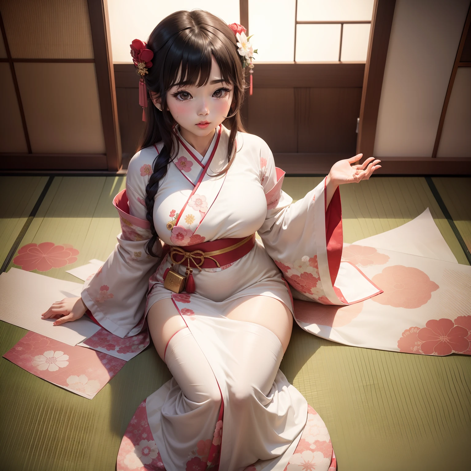 1 persons、Beautiful fece、reallistic、A Japanese style、japanese-inspired、Beautiful eyes、Tied hair、Fluffy clothes、bare-legged、Japan domestic、traditional Japanese room、masutepiece、Anatomical beauty structure、Breasts see-through clothes、breasts are small。