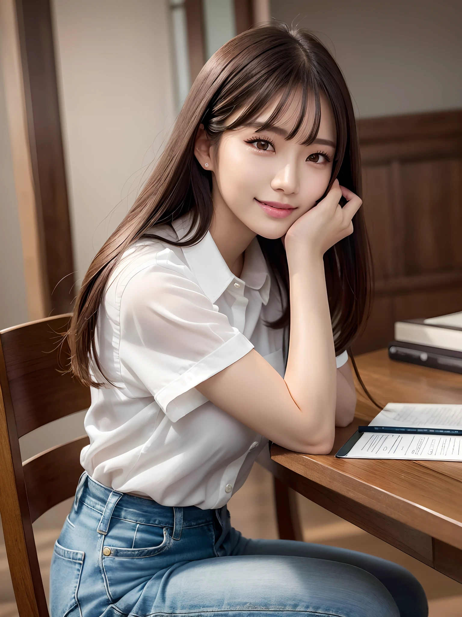 product quality, a cowboy shot, a front view, 1 girl, a Japanese young pretty woman, wearing a marriage ring, long bob hair, hyper pretty face, glamorous, wearing a short sleeves silky off white blouse with collared, wearing denim pants , sitting on a floor in her room with a big smile, studying English in front of a table, textbooks on the table, having a pencil, glossy lips, double eyelids for both eyes, natural makeup, long eyelashes, shiny smooth light brown long bob hair, asymmetrical bangs, tanned skin, central image, high resolution, high detail, detailed hairstyle, detailed face, spectacular movie lighting, octane rendering, hyper realistic, perfect limbs, perfect anatomy