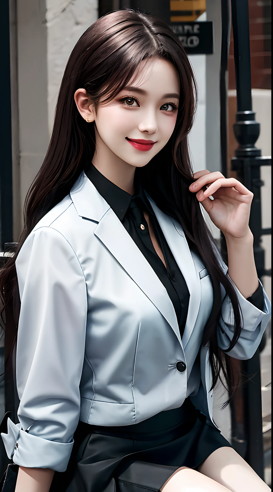 Best quality at best, A masterpice, 1girll, beautiful face, (photographrealistic:1.3), rim lit, (highdetailskin:1.2), 8K Ultra HD, Digital SLR, high high quality, A high resolution, 4K, 8K, voque, absurdist, best ratio four finger and one thumb, (hentail realism:1.3), Cute 1girl, Wearing a black formal blazer, Big breasts, A short skirt,The best smile