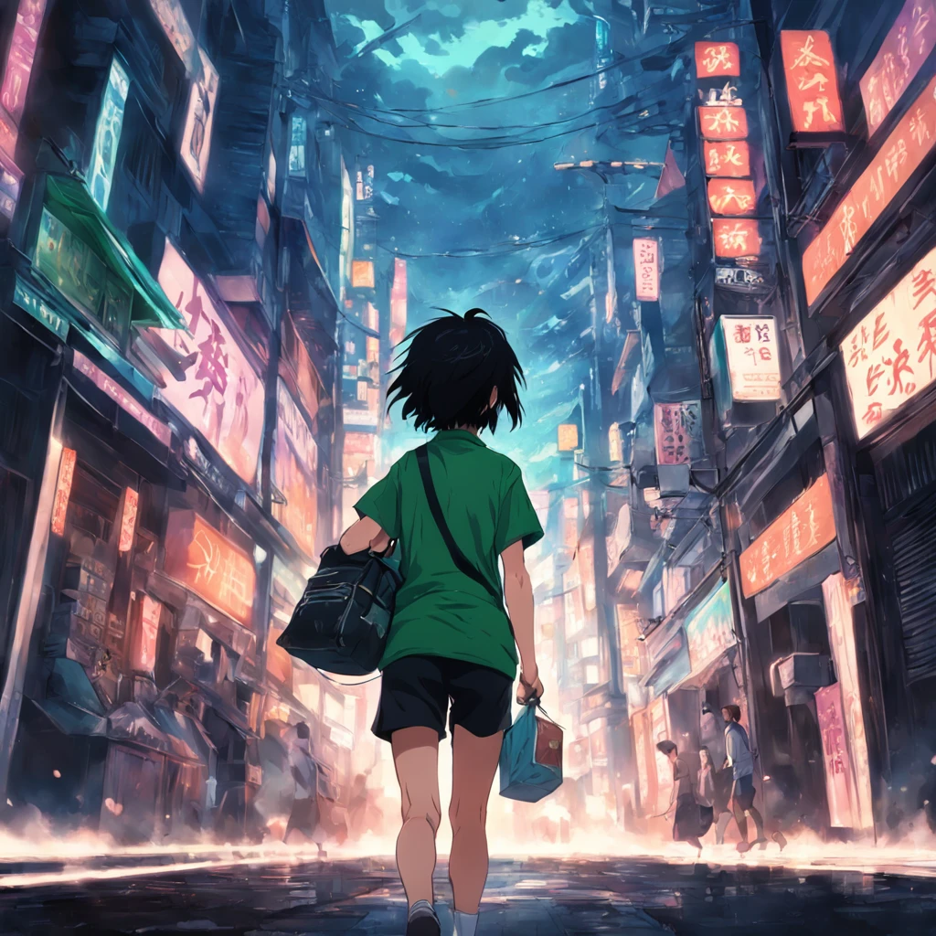 boy, 22 year old, wearing a green t-shirt, carry bag, black hair
