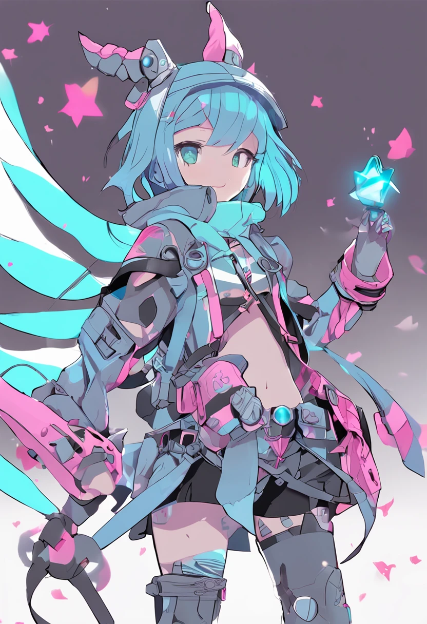masutepiece、top-quality、Anime Magical Girl、Eyes are blue、Hair is gray、Inner hair gradient blue、cyberpunked、Cute heart-shaped magic wand、cloak with hood、Headset glowing in fluorescent blue、Cyberpunk even though it's an idol's clothes、Long boots in white、Pouch at waist、Simple backgrounds、CharacterDesignSheet