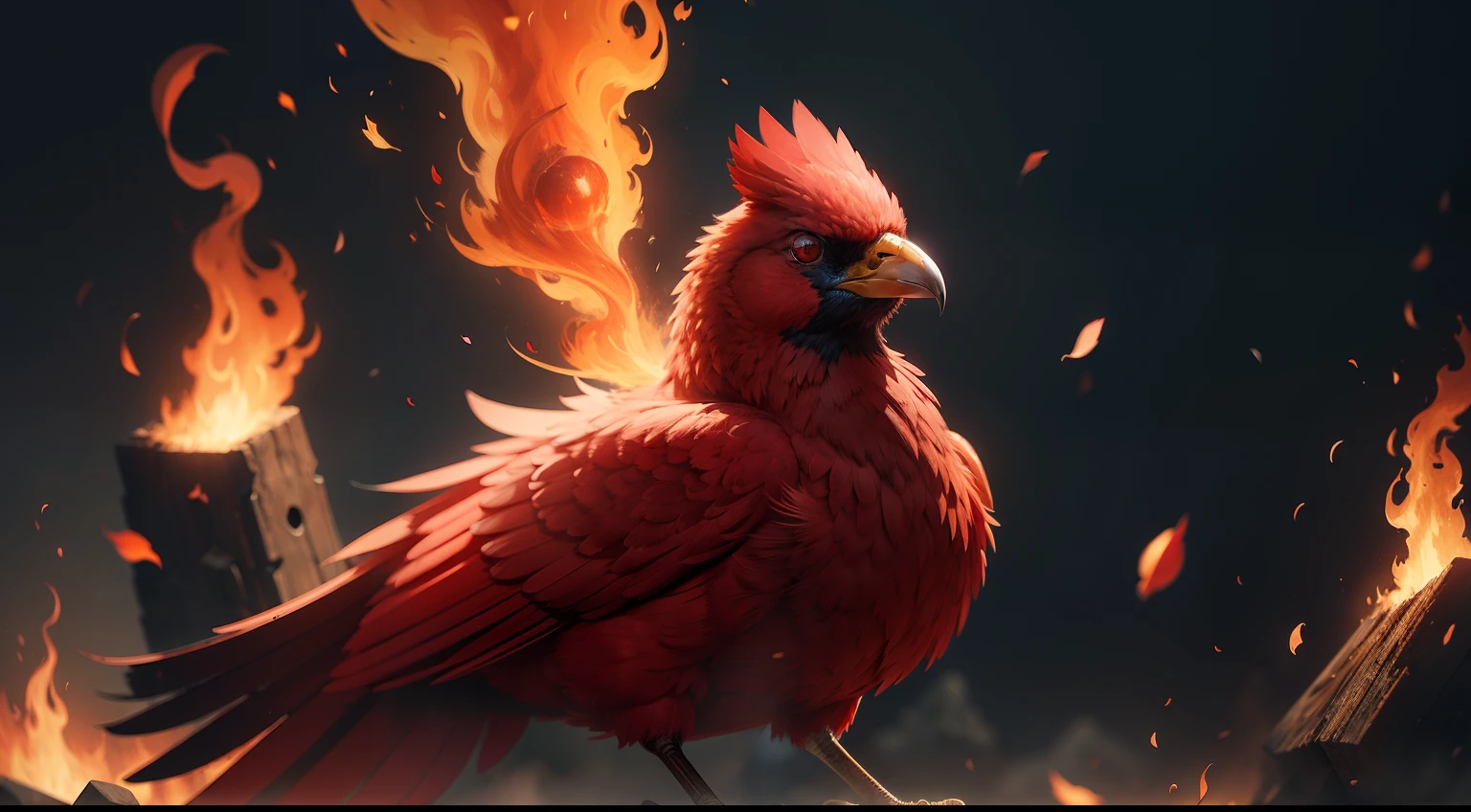 red bird holding fire stick
