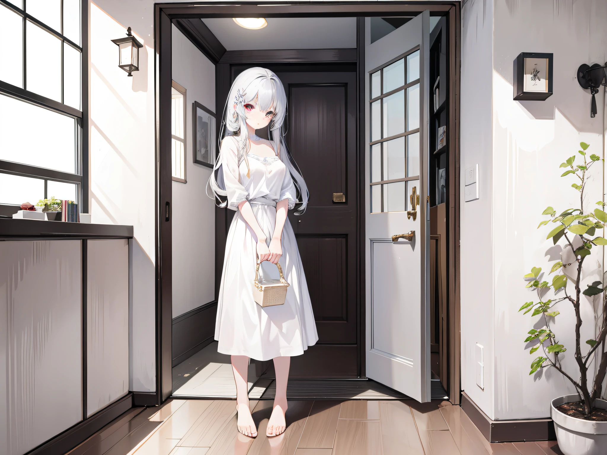 1girl in,walk、White Door、Open door、step、advance、hightquality、ren、Beautie、Soft light