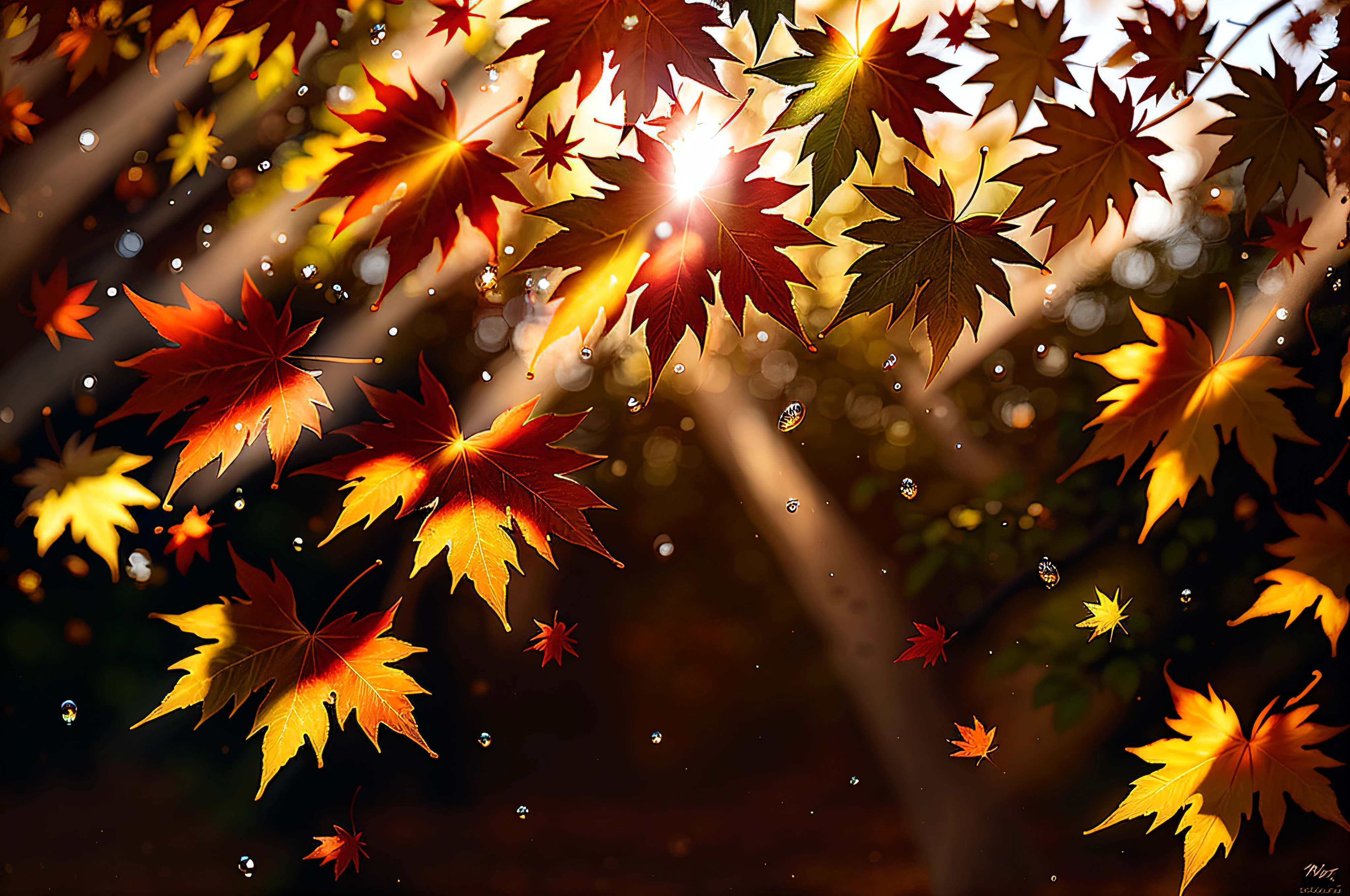 Photo of maple leaves and raindrops, Romantic landscape style, Canon EOS 5D Mark IV, Sunny Impressionism, Colored leaves、８K、The background is blurry、momiji、autumnal、top-quality、delicate leaves、Branches in the sun、Hang sunlight on the leaves、Photorealsitic、natural soft light、Hyper-detailing