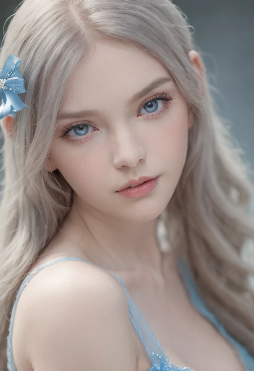 18yr old、bright expression、White shiny skin、Super Long Straight Hair、Large crystal clear light blue eyes、a blue dress、Large full breasts, hair ribbon, Surrealism, cinematic lighting, textured skin