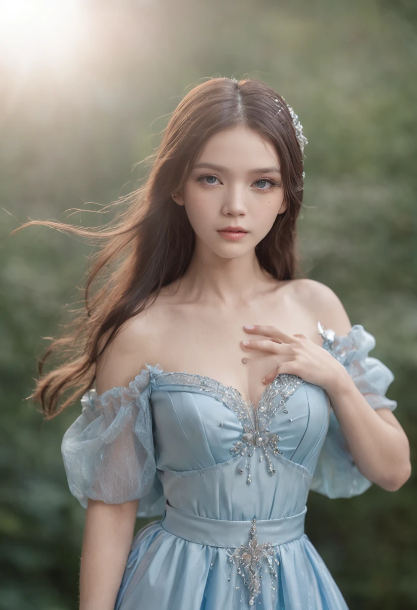 18yr old、bright expression、White shiny skin、Super Long Straight Hair、Large crystal clear light blue eyes、a blue dress、Large full breasts, hair ribbon, Surrealism, cinematic lighting, textured skin