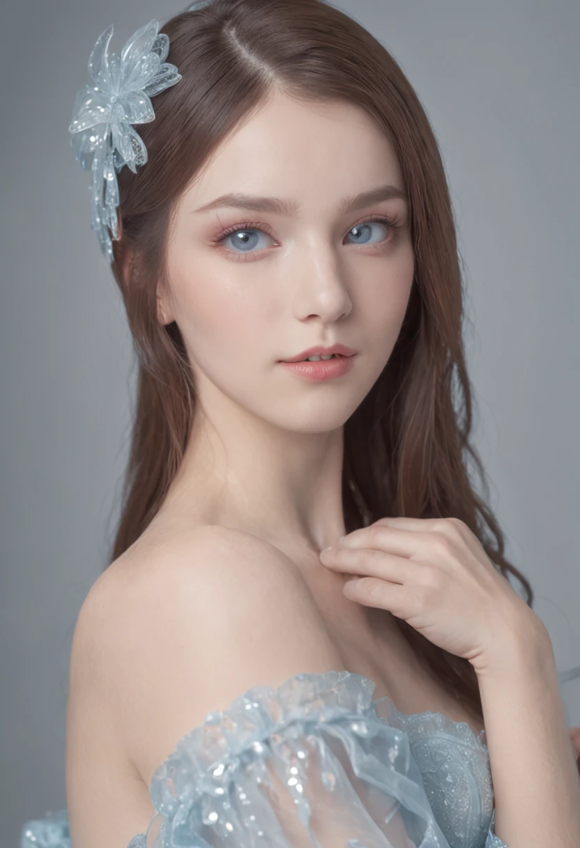 18yr old、bright expression、White shiny skin、Super Long Straight Hair、Large crystal clear light blue eyes、a blue dress、Large full breasts, hair ribbon, Surrealism, cinematic lighting, textured skin