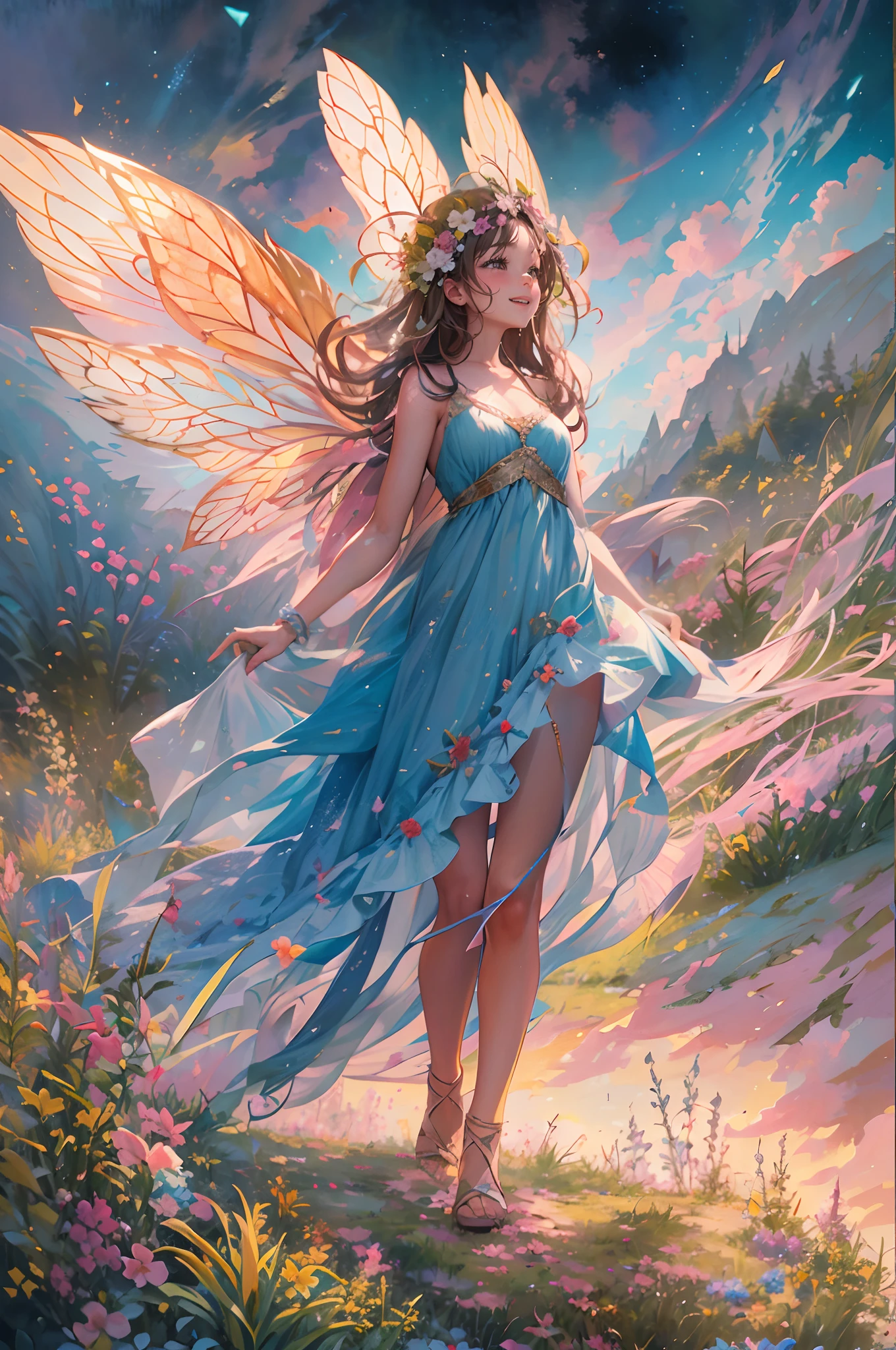 generate a fairy lady with big boobs, showing her boobs, wearing flowery outfit and with huge fairy wings, while holding a flowery wand, she is a beautifull fairy who is really charming, she is flying and give kiss sign, forest and lake background, beautifull flower, sparkling background, aurora effect, digital effect, glimmering effect, ambient effect, from side, beautifull hand, beautifull fingers, pretty hand, pretty fingers, perferct hands, perfect fingers, masterpiece, best quality:1.2),(8k,highres,RAW photo,realistic,photo-realistic:1.3),(detailed skin texture,detailed cloth texture,beautiful detailed face:1.25),professional lighting,photon mapping,beautiful soft light,radiosity,physically-based rendering,raytracing, model shoot style, model shoot style, (extremely detailed CG unity 8k wallpaper), full shot body photo of the most beautiful artwork in the world, (((NSFW))), (((nude))), (completly naked))), (((nipples))