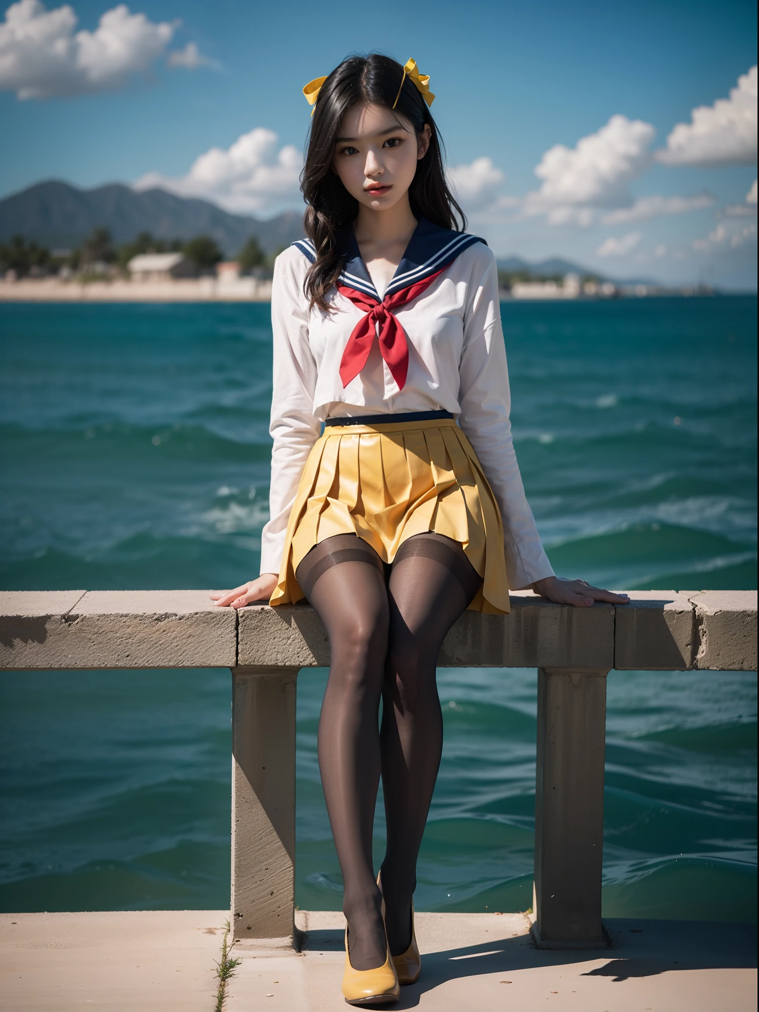 (full body:1.5),(1girl:1.3),(view the viewer:1.4),(anatomy correct:1.3),(Sitting on the sea:1.2),(A pink and blue Sailor suit and pleated skirt :1.2),(Tan Pantyhose:1.3),( JK uniform small leather shoes with bows for female students:1.1),(Accurate and perfect face:1.3),hyper HD, Ray traching, reflective light, structurally correct, Award-Awarded, high detail, lighten shade contrast, Face lighting ,cinematic lighting, masterpiece, super detailing, high quality, high detail, best quality, 16k,High contrast,