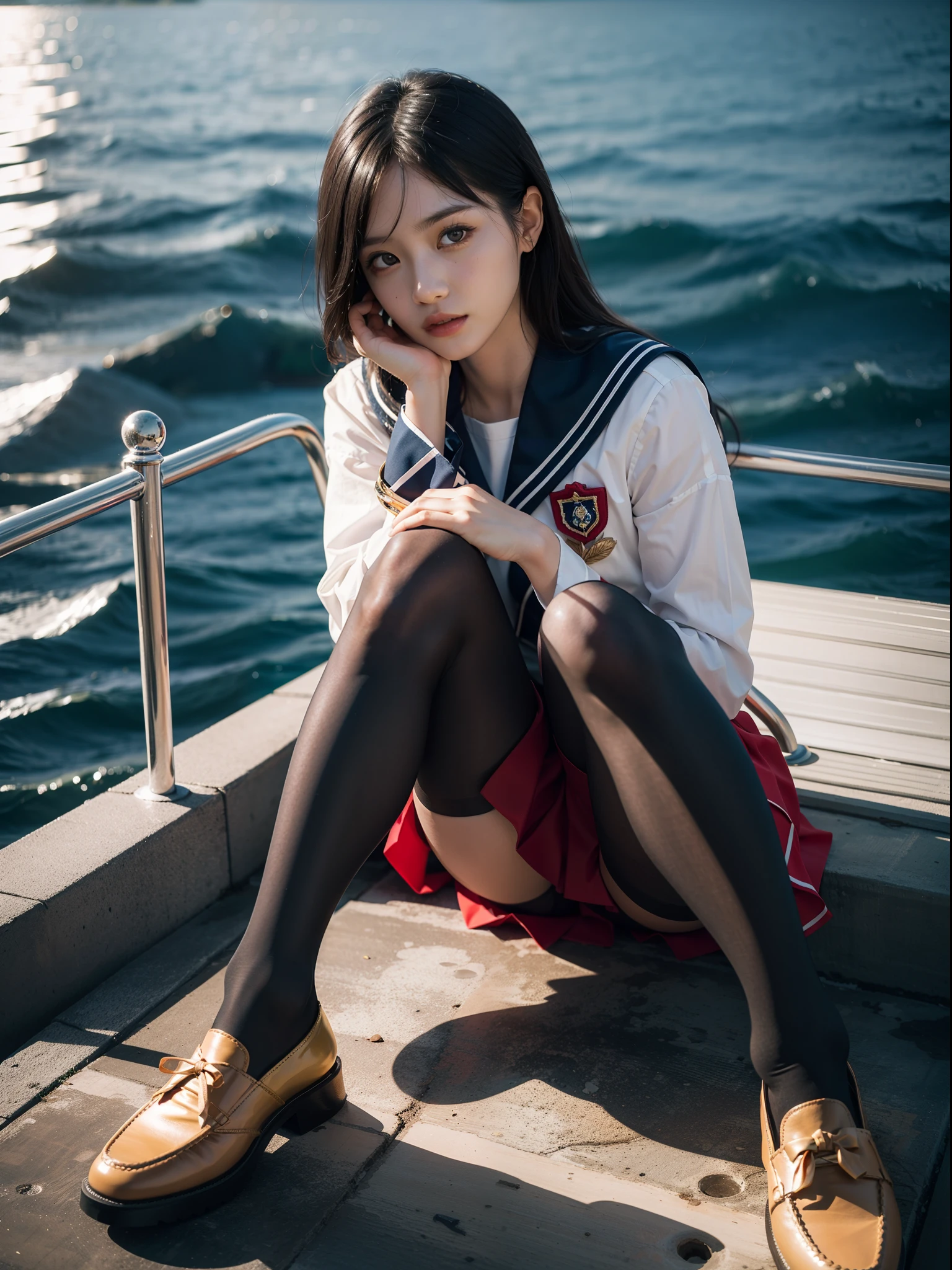 (full body:1.5),(1girl:1.3),(view the viewer:1.4),(anatomy correct:1.3),(Sitting on the sea:1.2),(A red and yellow Sailor suit and pleated skirt with ribbons:1.2),(Tan Pantyhose:1.3),( JK uniform small leather shoes with bows for female students:1.1),(Accurate and perfect face:1.3),hyper HD, Ray traching, reflective light, structurally correct, Award-Awarded, high detail, lighten shade contrast, Face lighting ,cinematic lighting, masterpiece, super detailing, high quality, high detail, best quality, 16k,High contrast,