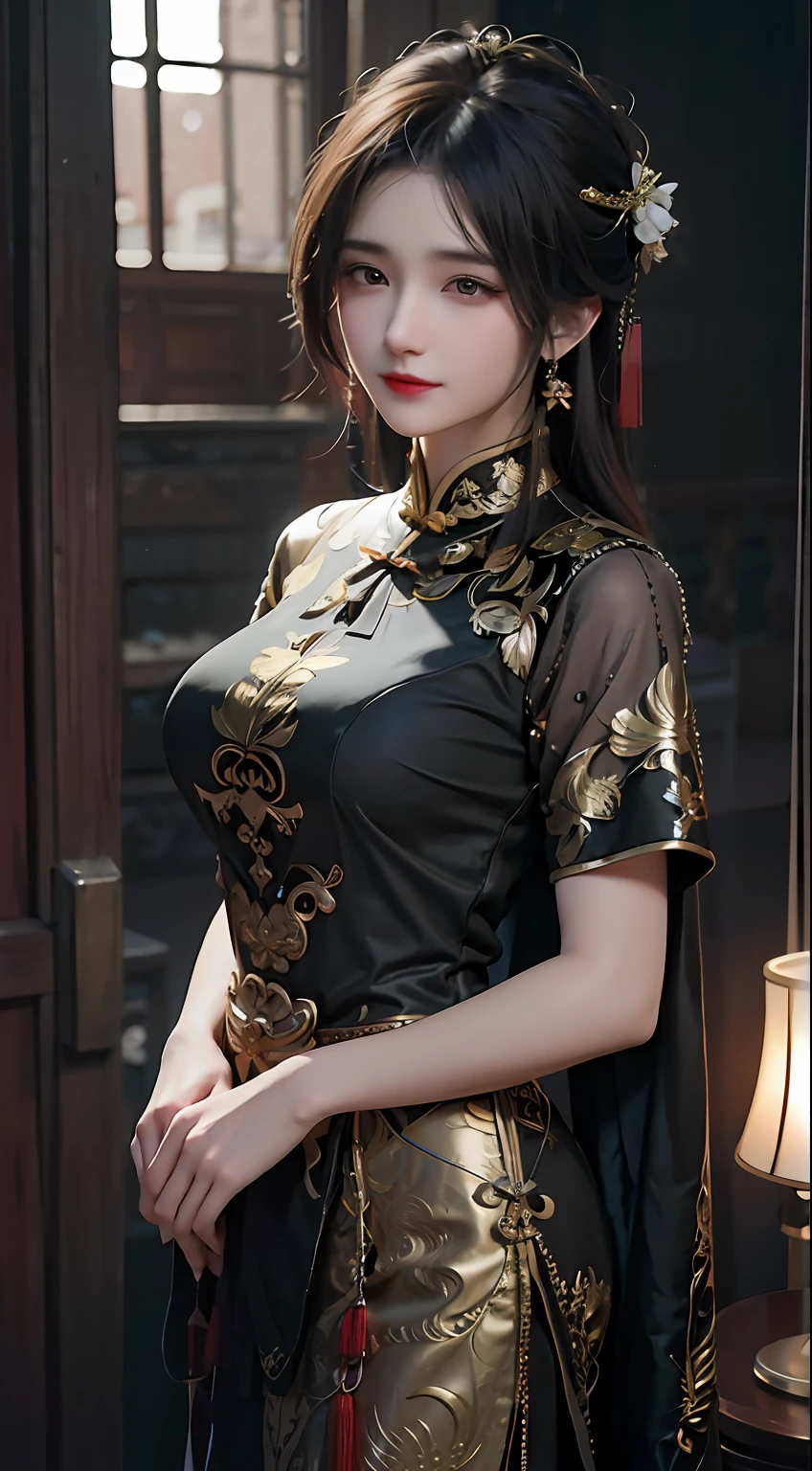 A woman in a black and gold dress poses for a photo, Chinese dress, Cheongsam, with acient chinese clothes, Chinese costume, Chinese style, Chinese traditional, Traditional Chinese clothing, a beautiful fantasy empress, Chinese girl, with ancient chinese aesthetic, Hanfu, Traditional beauty, Wearing ancient Chinese clothes, gorgeous chinese models, Wearing Gorgeous Costume, Chinese woman