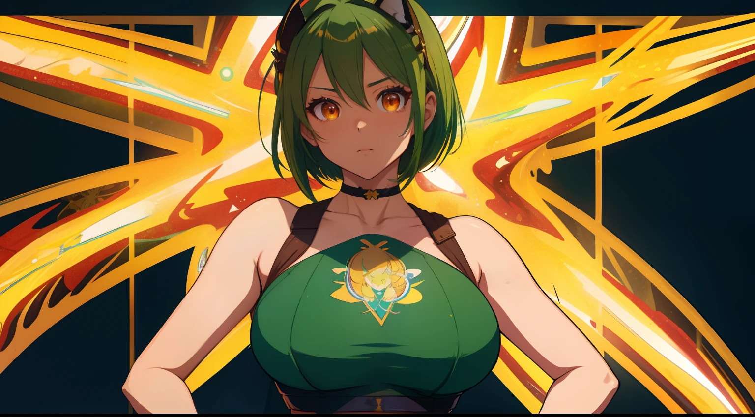 surprised, green transparent background, translucent splashs, ((((lightgreen glowing body, glowing bodyskin, glowing nude, glowing nude_only)))), flying in the center, ((masterpiece, best quality)), 1girl, topless, solo, young female, luminous hair, short hair, bobcut, g-cup breasts, huge breasts, full breasts, highest details, luminous eyes,