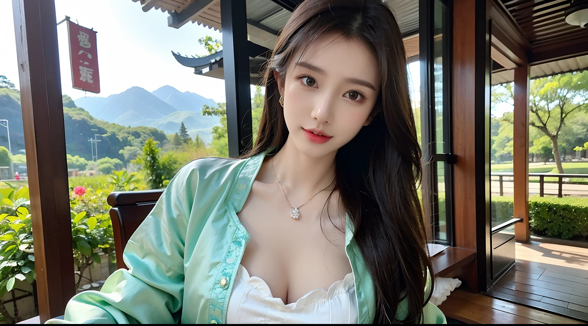 (A half body，Close-up，closeup cleavage：1.2)，Arakfi Asian woman sitting in chair，Wearing a green and gold dress, (outside,NOWAI，rays of sunshine，Skysky，hot onsen，florals，grassy，nevando） ， A girl in Hanfu, Hanfu, Cheongsam, with acient chinese clothes, Traditional beauty, Traditional Chinese clothing, Wearing ancient Chinese clothes, Chinese style, Chinese dress, Chinese costume, Chinese traditional, Chinese girl, wearing ornate silk clothes,Pink lip gloss，（Solo:1.5）